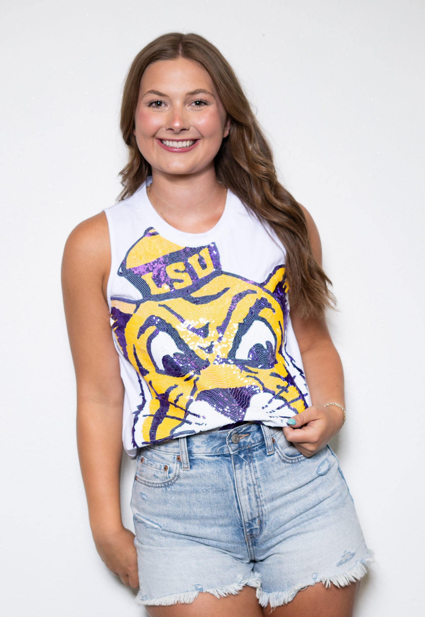**PRE-ORDER ONLY** LSU Vintage Full Face Tiger (Licensed) | Women's Sequin Design Tank (White)
