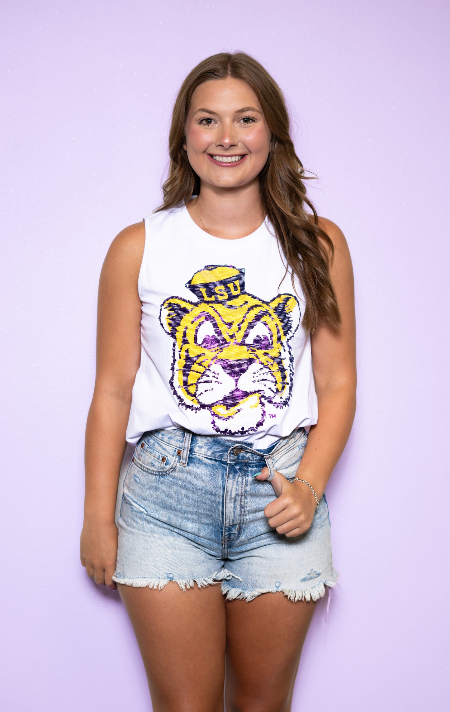 Wholesale | LSU Vintage Tiger (Licensed) | Women's Sequin Design Tank (White)