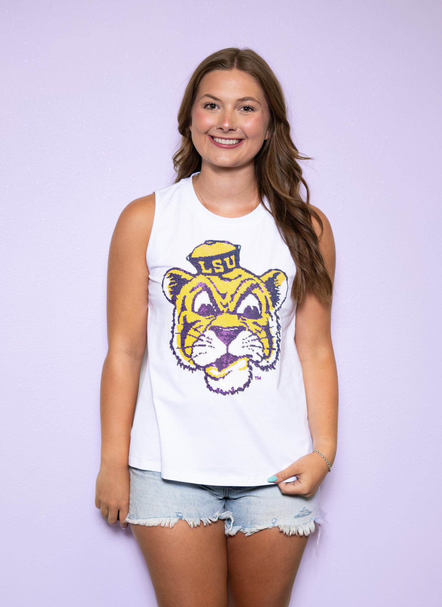 Wholesale | LSU Vintage Tiger (Licensed) | Women's Sequin Design Tank (White)