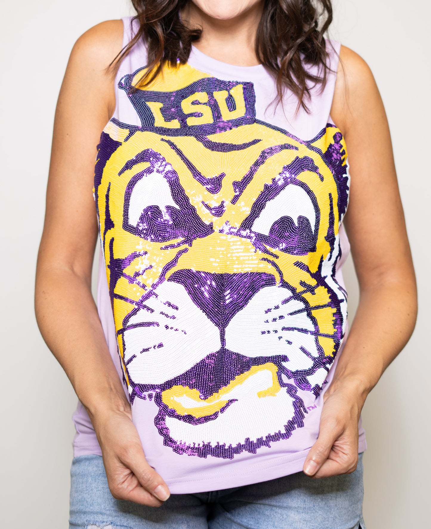 **PRE-ORDER ONLY** LSU Full Face Vintage Tiger (LICENSED) | Women's Sequin Design Tank (Lavender)