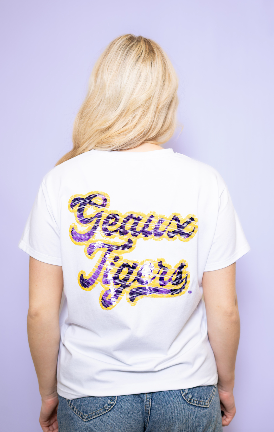 LSU Geaux Tigers (LICENSED) | Women's Front & Back Sequin Design Baseball Jersey V-Neck Tee (White)