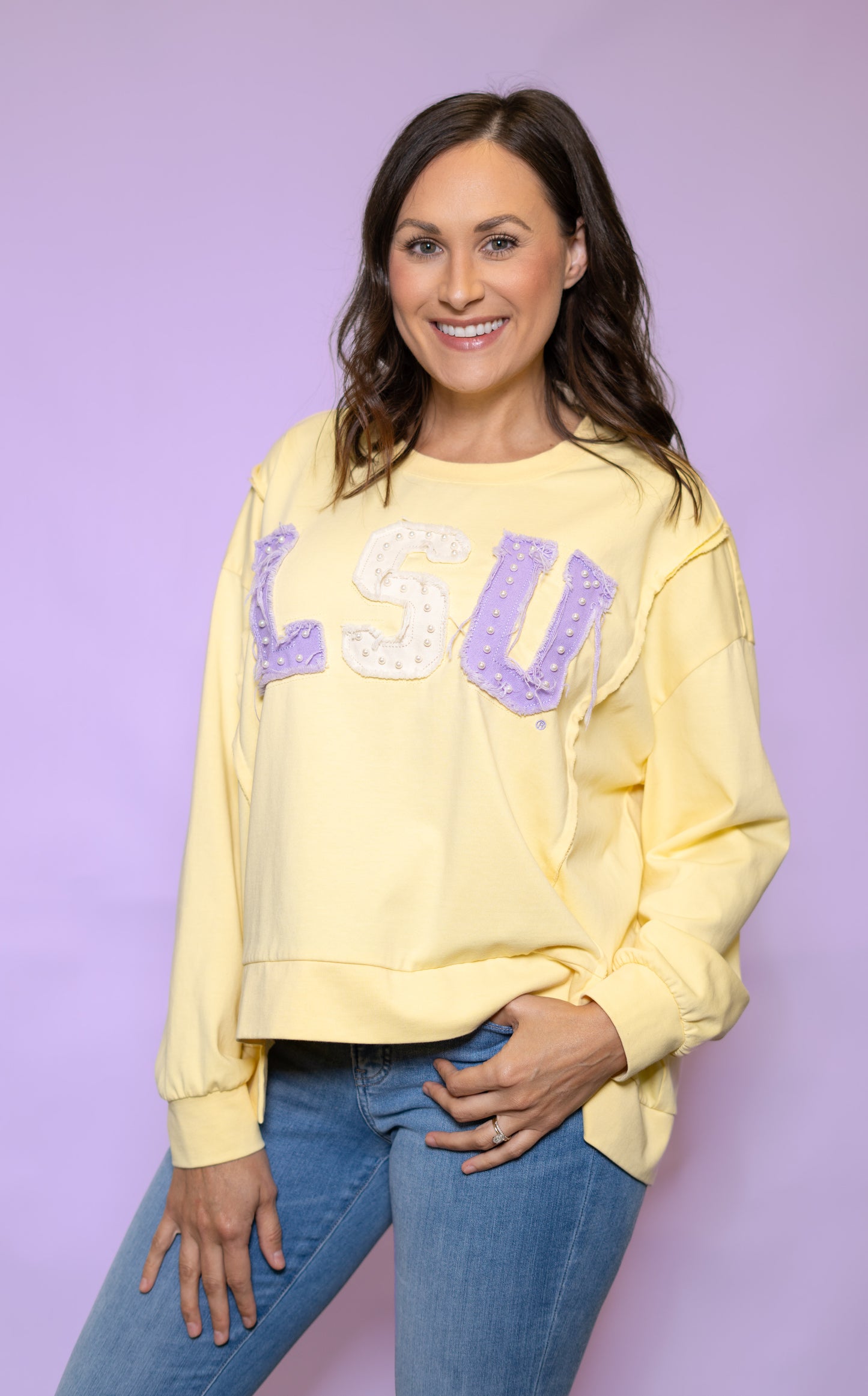 **PRE-ORDER ONLY** LSU (Licensed) | Women's Distressed Embroidery Pullover (Butter Yellow)