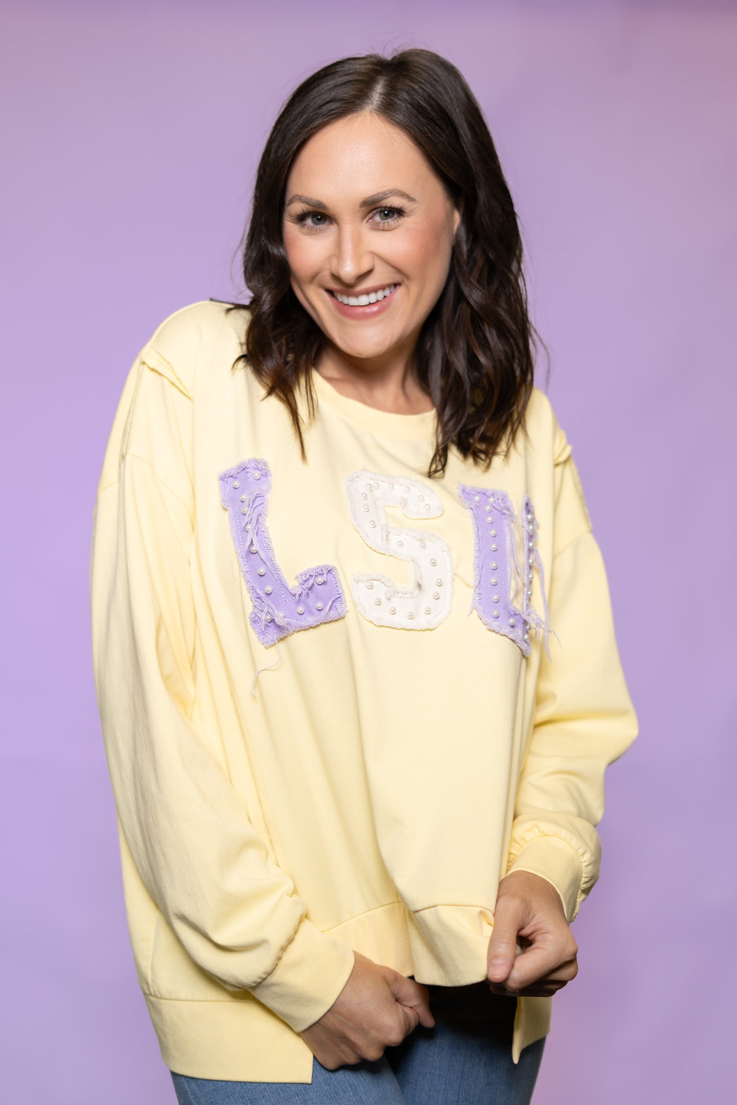 **PRE-ORDER ONLY** LSU (Licensed) | Women's Distressed Embroidery Pullover (Butter Yellow)