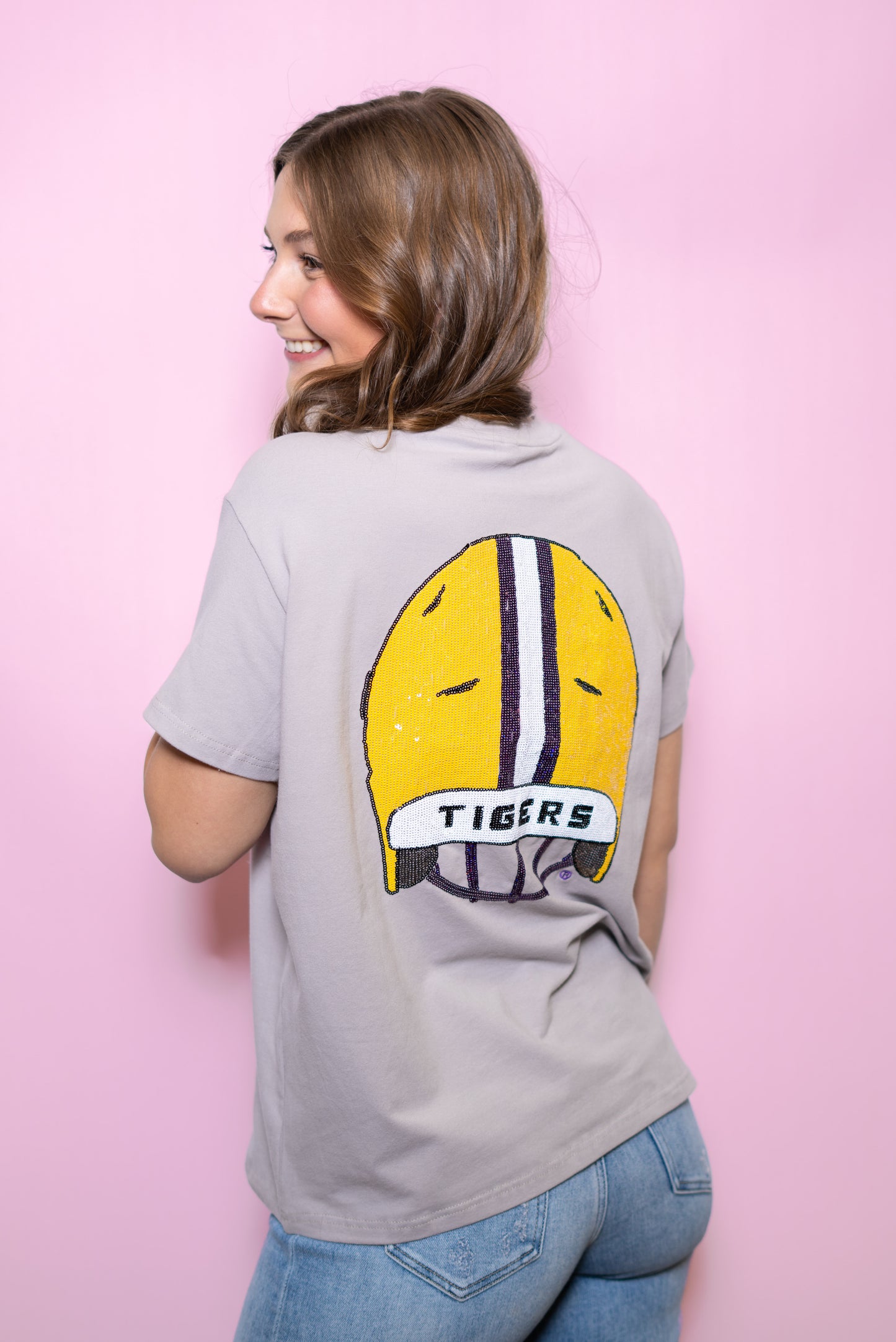LSU Front & Back Helmet (Licensed) | Women's Sequin Design Tee (Gray)