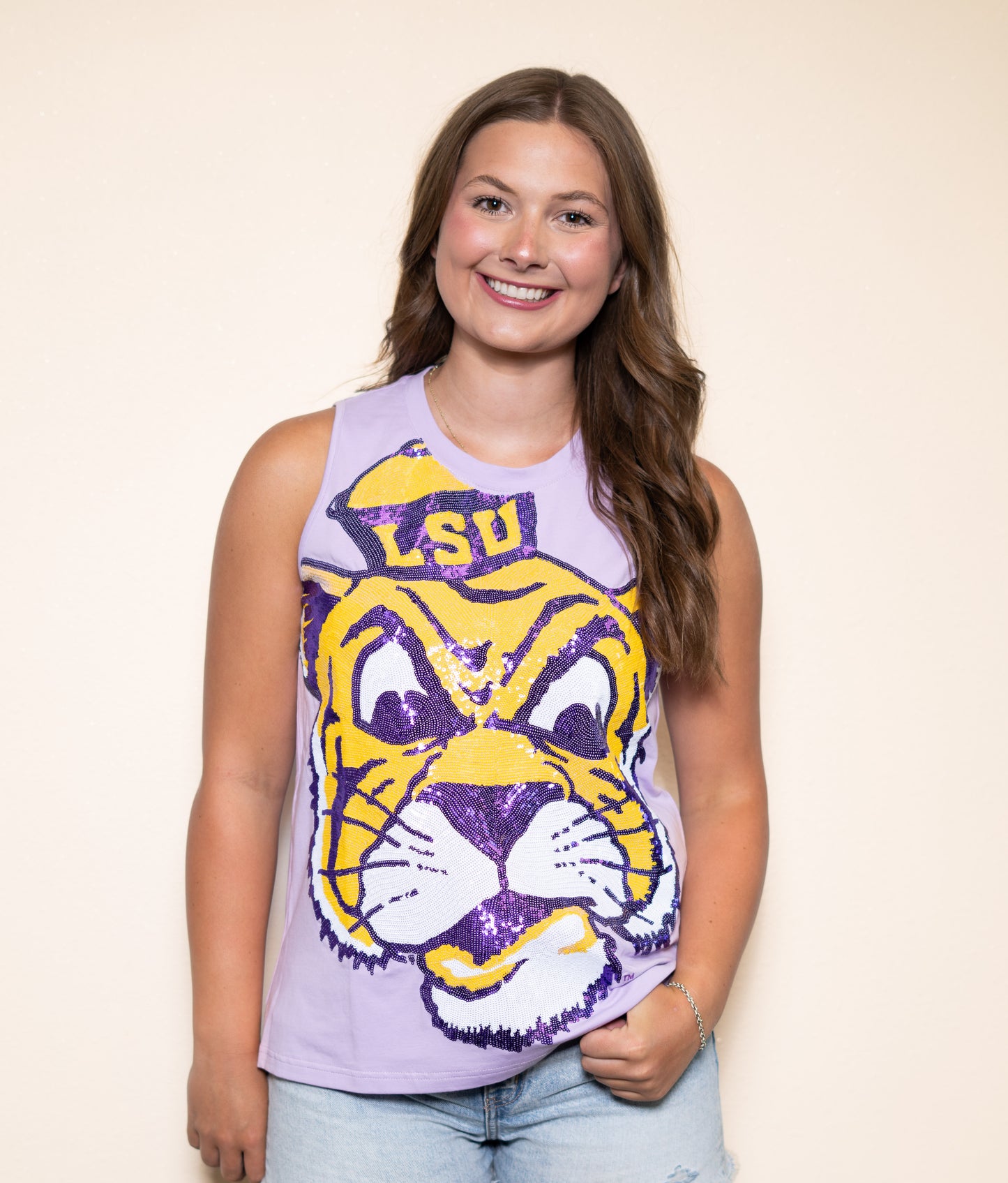 **PRE-ORDER ONLY** LSU Full Face Vintage Tiger (LICENSED) | Women's Sequin Design Tank (Lavender)