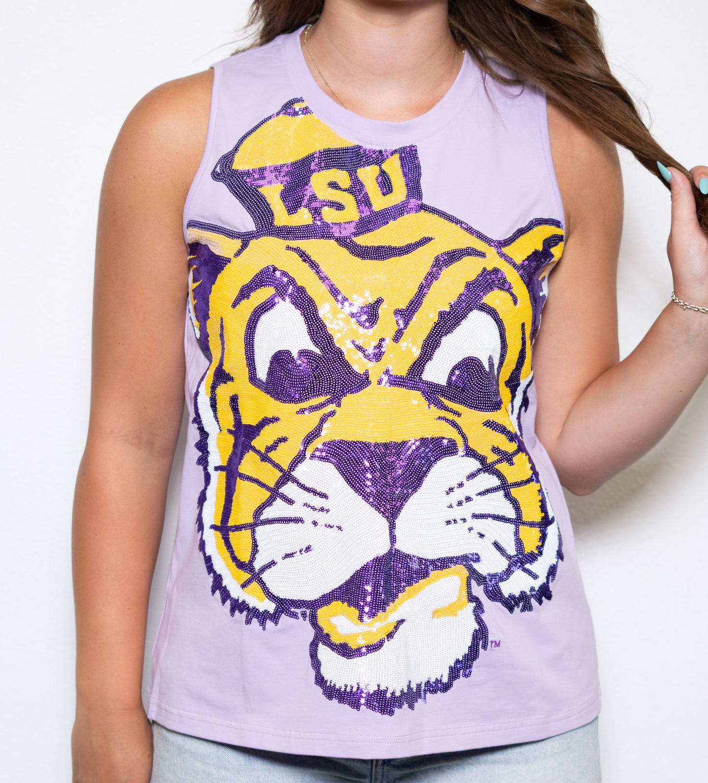 **PRE-ORDER ONLY** LSU Full Face Vintage Tiger (LICENSED) | Women's Sequin Design Tank (Lavender)