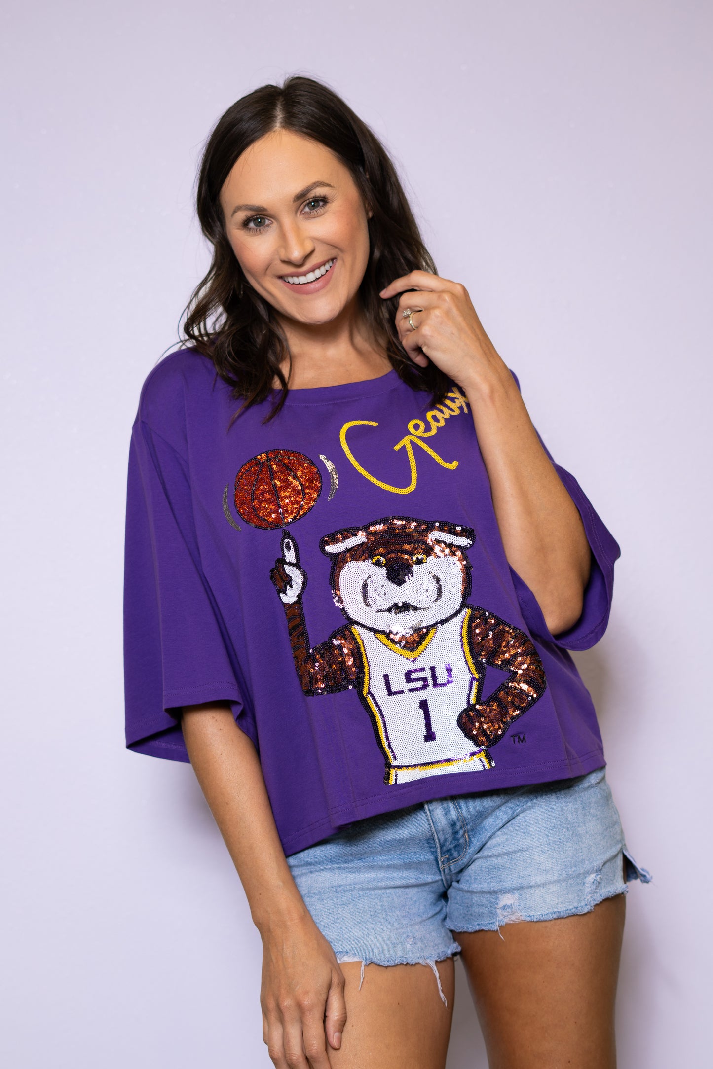 Geaux Mike Basketball (Licensed by LSU ) Women's Oversized Sequin Design Jersey Tee (Purple)