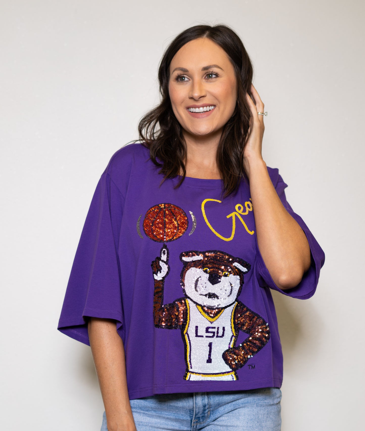 Geaux Mike Basketball (Licensed by LSU ) Women's Oversized Sequin Design Jersey Tee (Purple)