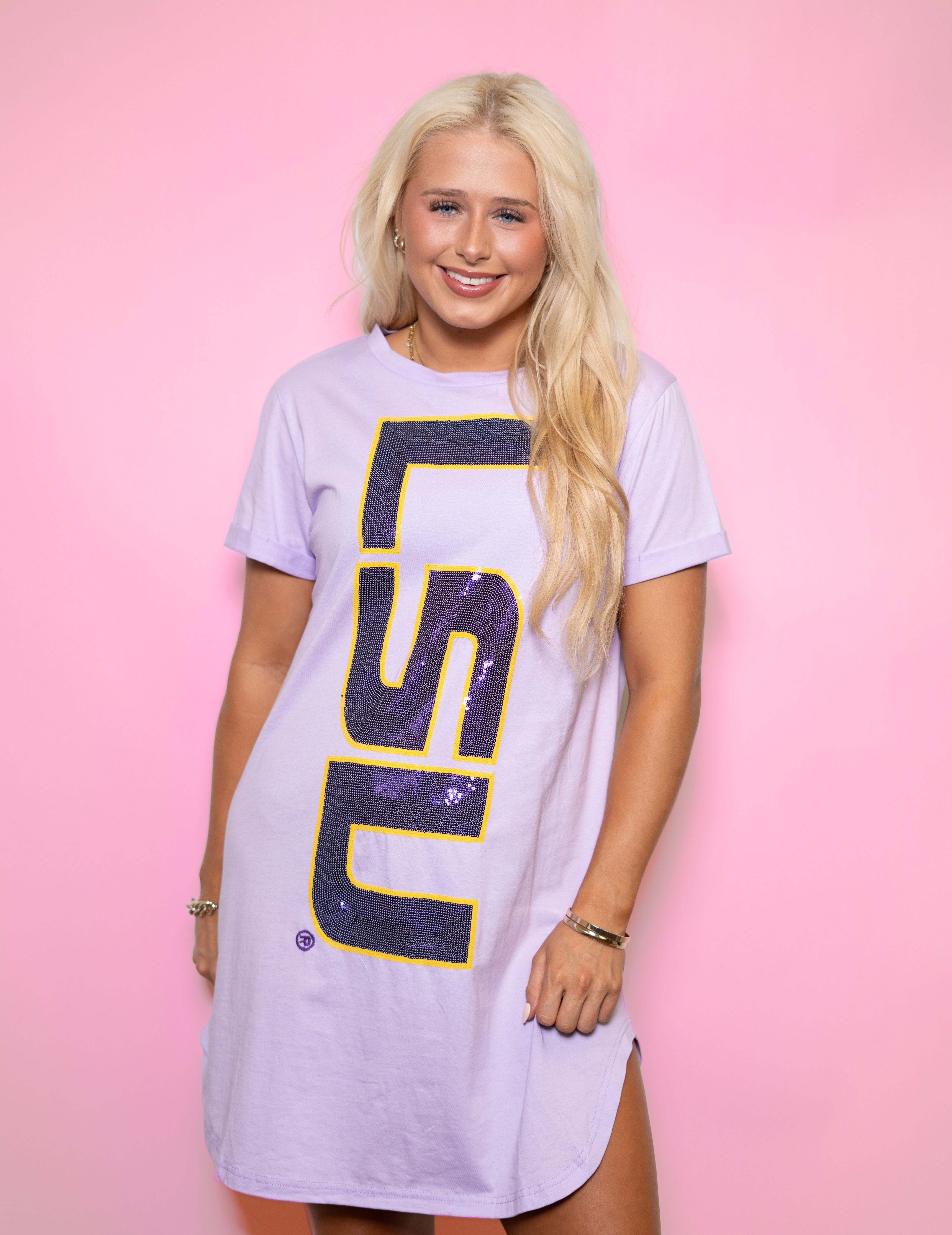 LSU Logo (Licensed) | Women's Sequin Design Cuff Sleeve Dress (Lavender) LSU Logo (Licensed) | Women's Sequin Design Cuff Sleeve Dress (Lavender)