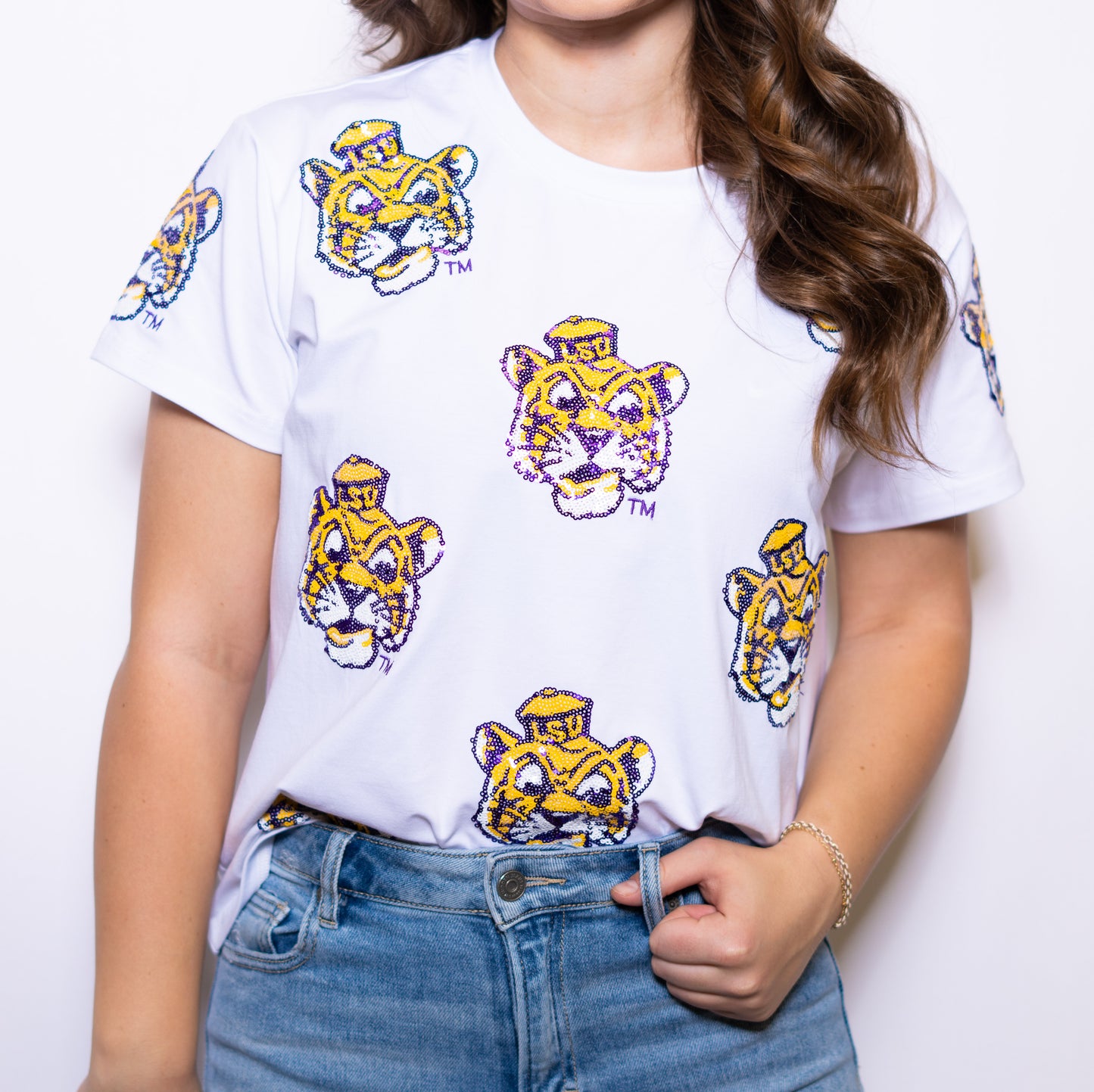 **PRE-ORDER ONLY** LSU Scattered Vintage Logo (Licensed) | Women's Sequin Design Tee (White)