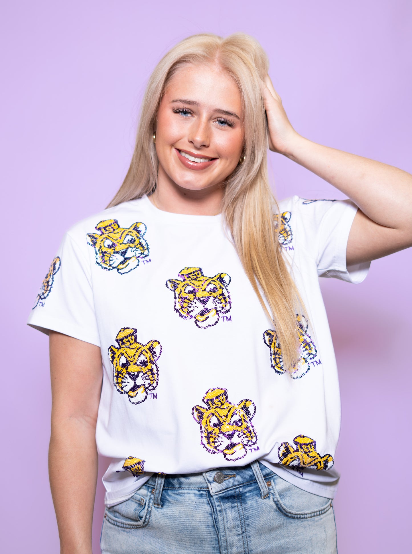 **PRE-ORDER ONLY** LSU Scattered Vintage Logo (Licensed) | Women's Sequin Design Tee (White)