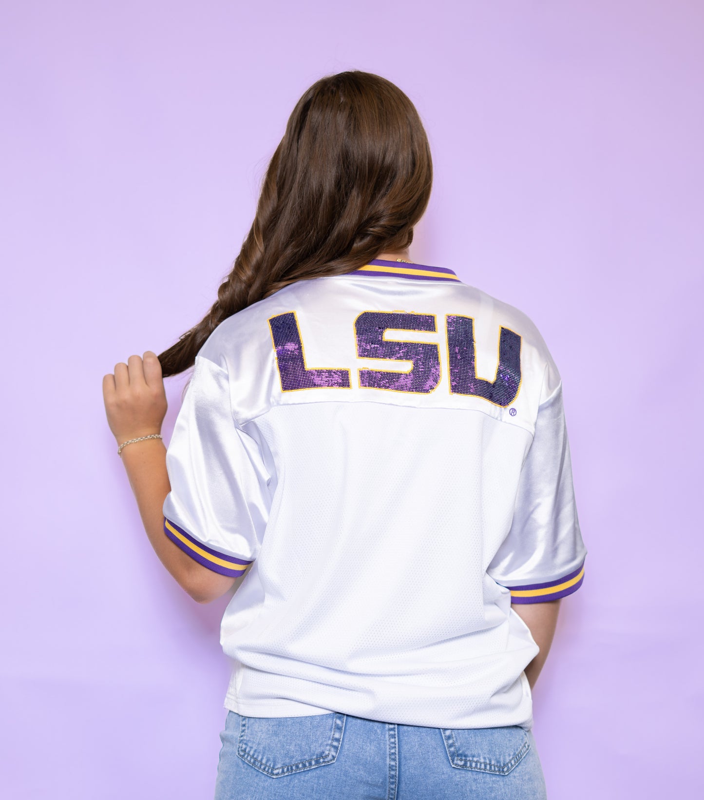 **PRE-ORDER ONLY** LSU Tiger Eye (Licensed) | Women's Sequin Design Football Jersey (White)