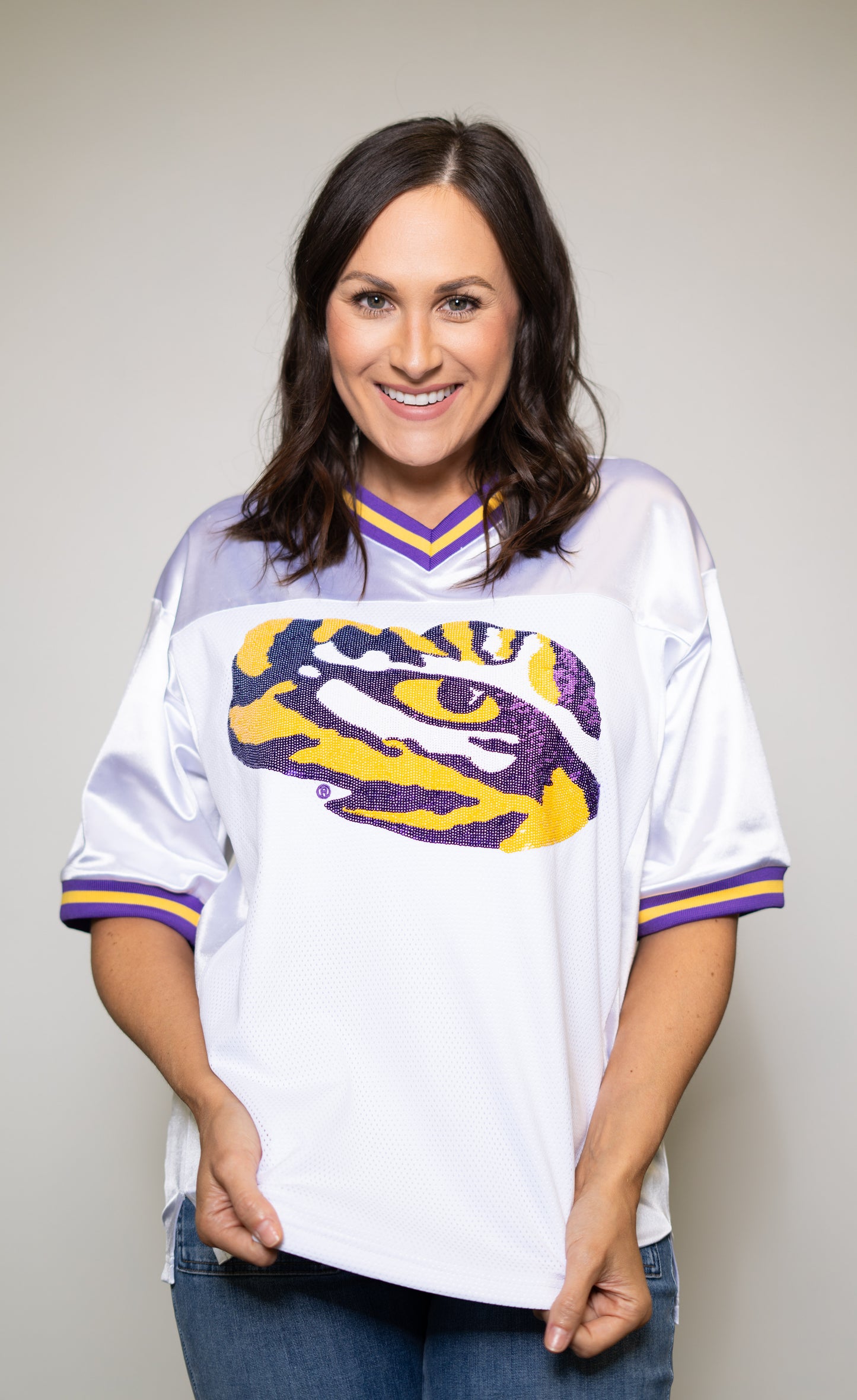 **PRE-ORDER ONLY** LSU Tiger Eye (Licensed) | Women's Sequin Design Football Jersey (White)
