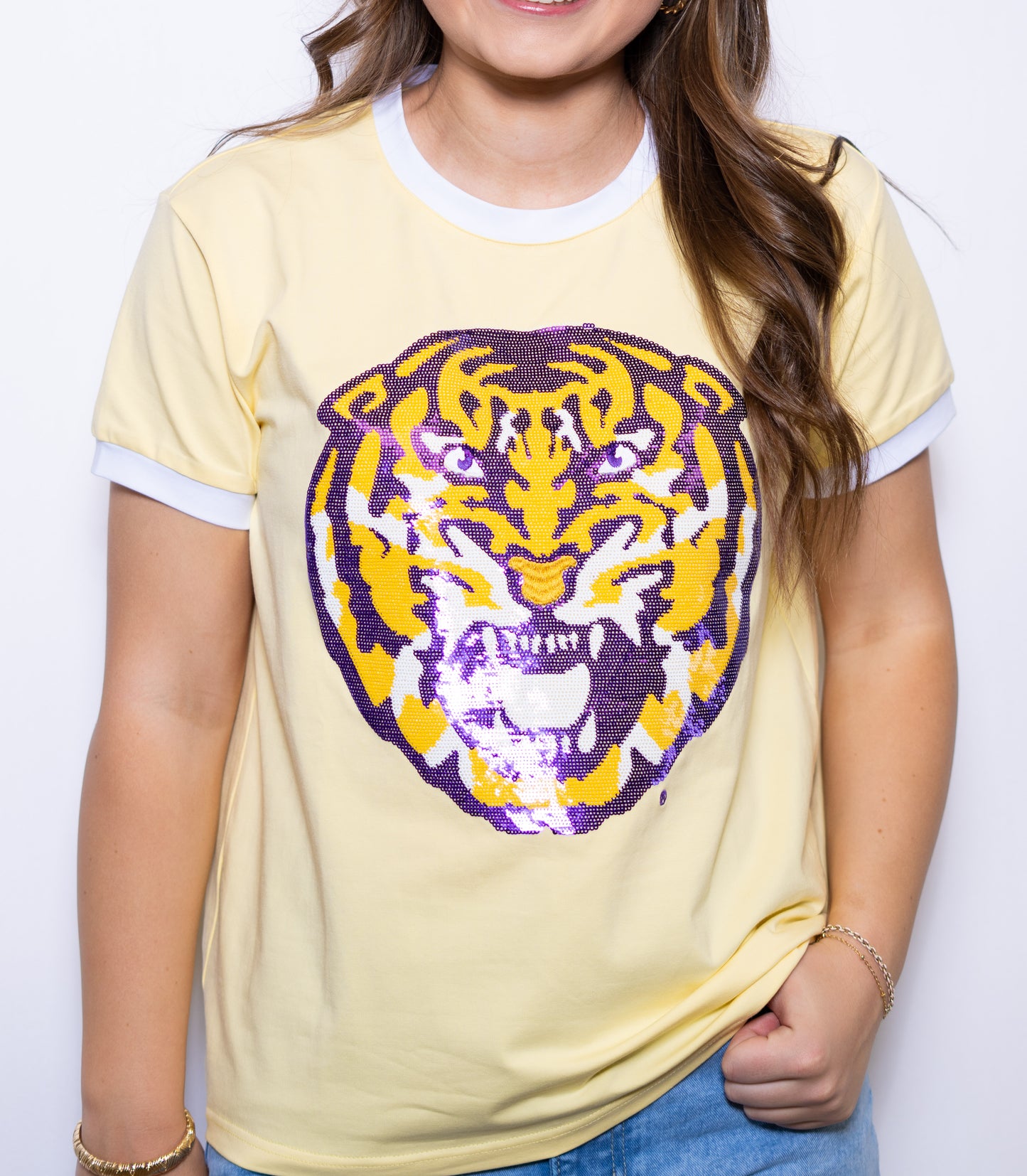 Louisiana State University Tiger (Licensed) | Women's Sequin Design Tee (Butter Yellow)