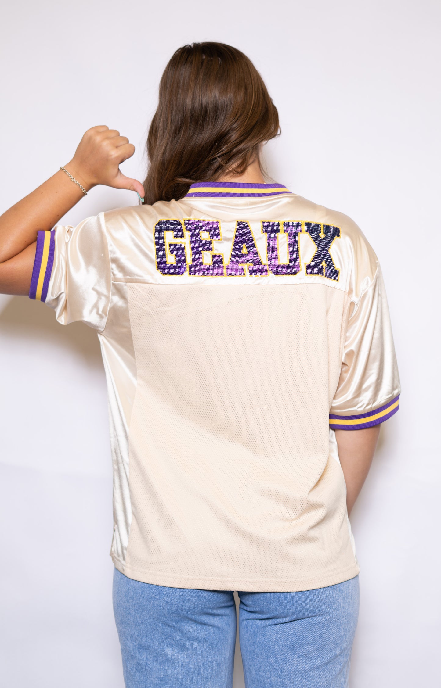 **PRE-ORDER ONLY** LSU Vintage Geaux Mike (Licensed) | Women's Sequin Design Football Jersey (Champagne)