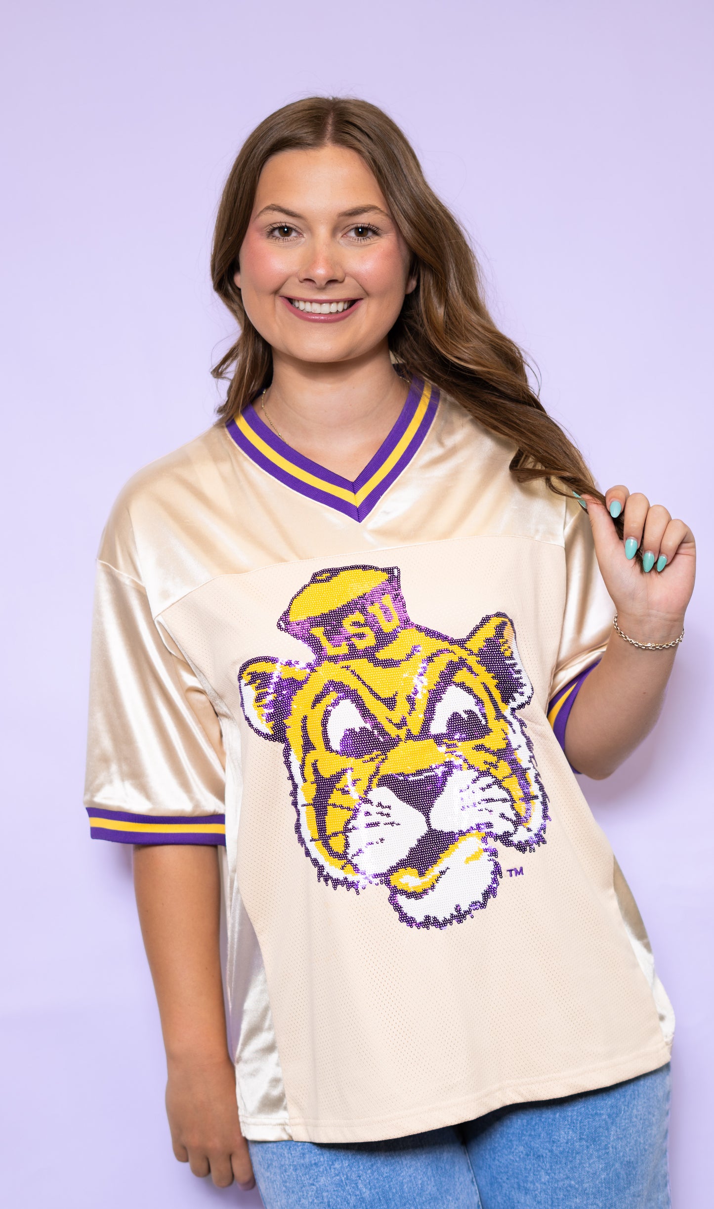 **PRE-ORDER ONLY** LSU Vintage Geaux Mike (Licensed) | Women's Sequin Design Football Jersey (Champagne)