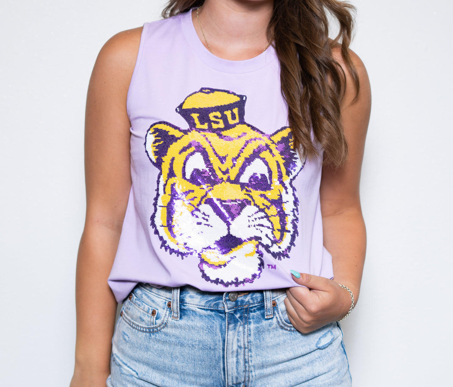 LSU Vintage Tiger (Licensed) | Women's Sequin Design Tank (Lavender)