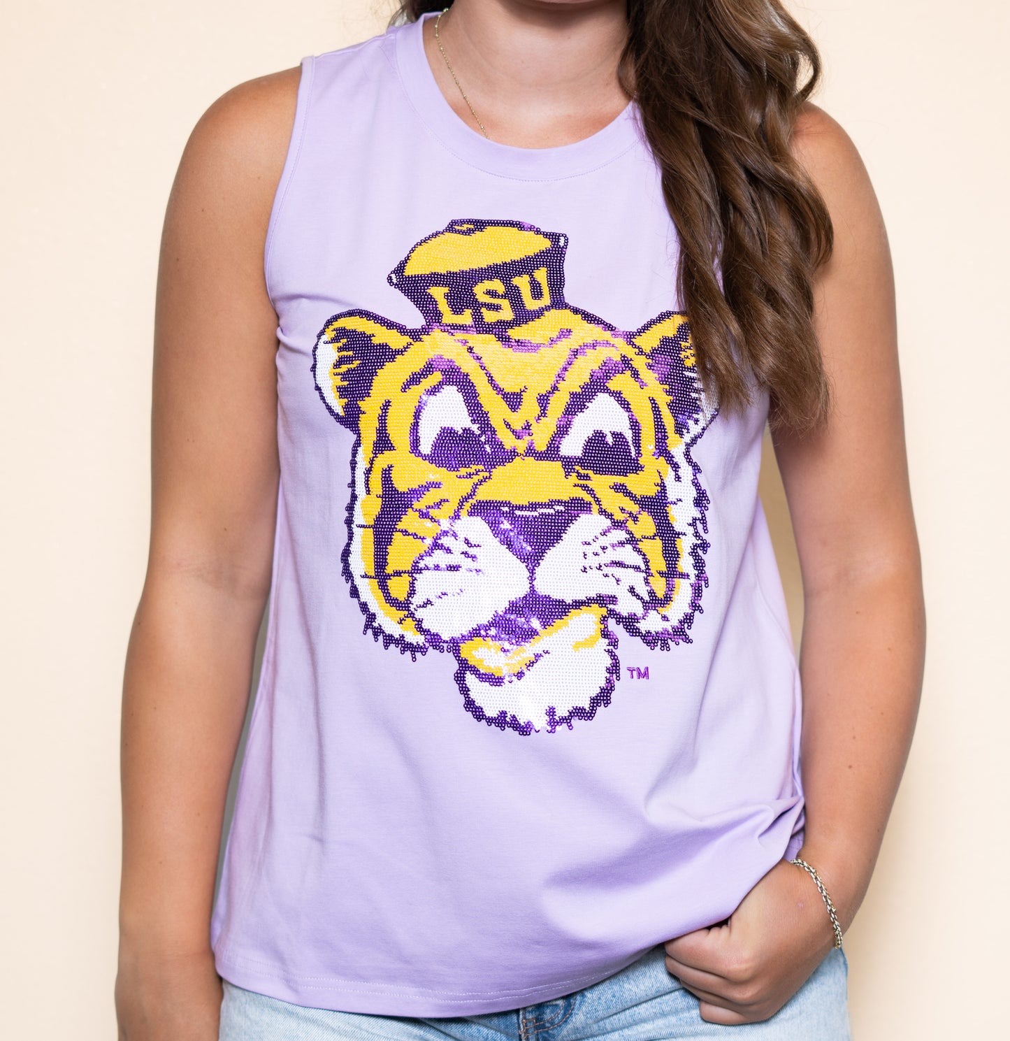 LSU Vintage Tiger (Licensed) | Women's Sequin Design Tank (Lavender)