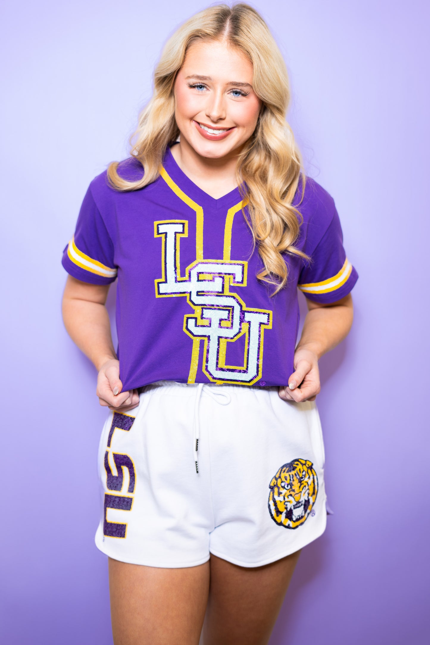 LSU TIGERS Jogger Shorts (Licensed) | Women's Sequin Design Shorts (White)