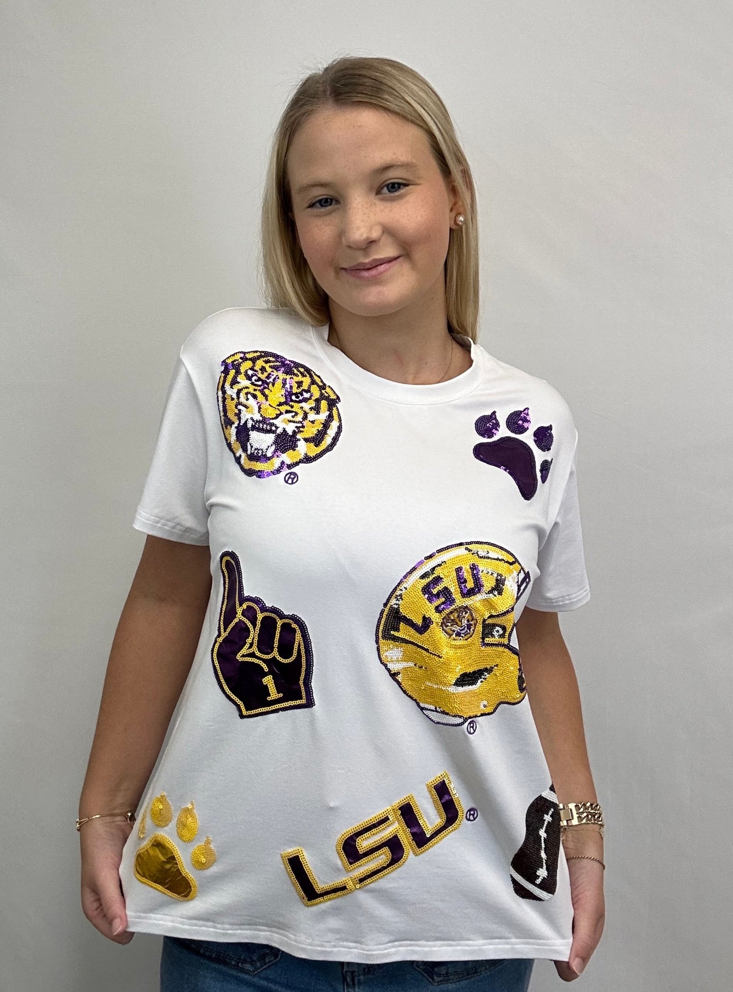 Wholesale| LSU Scattered Logo (Licensed) | Women's Sequin Design (White)