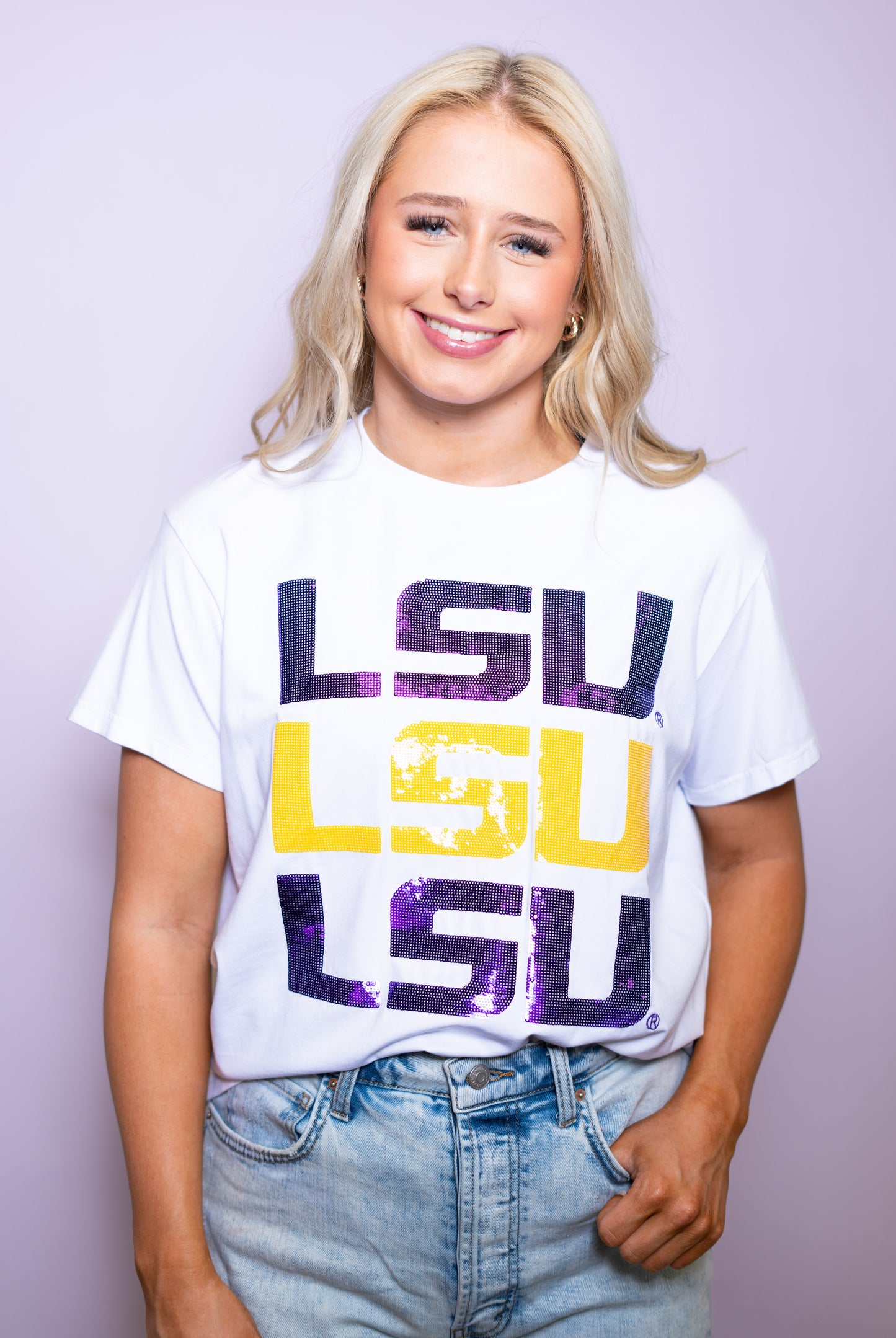 LSU Triple Block Logo (Licensed) | Women's Sequin Design Tee (White)