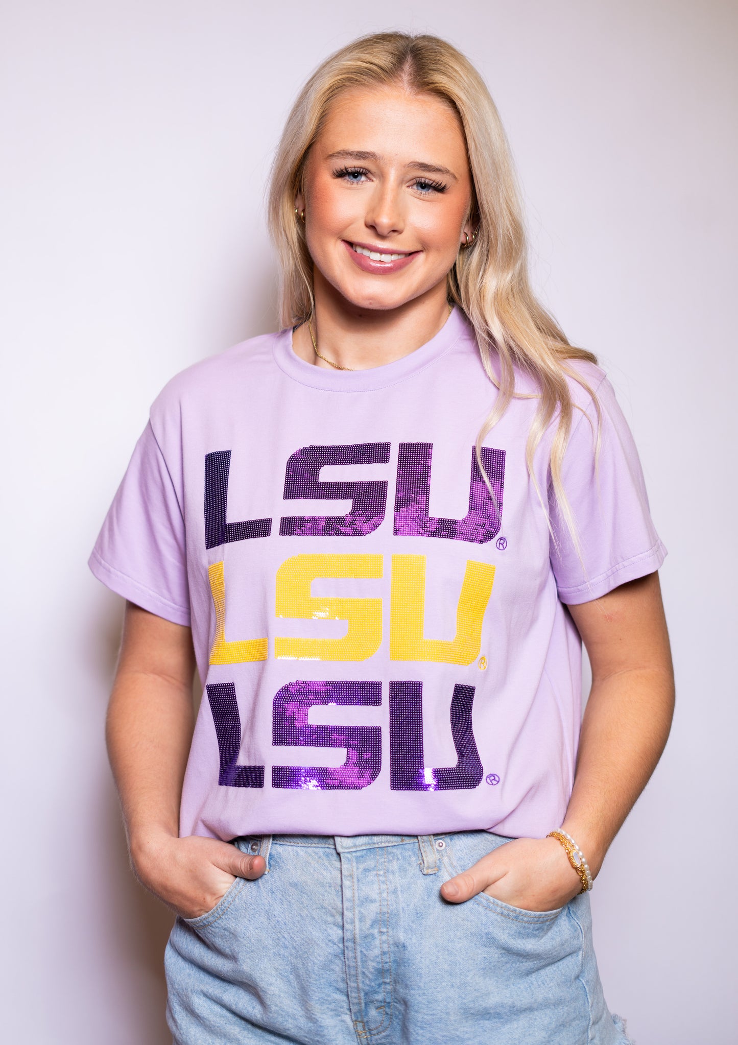 WHOLESALE | LSU Triple Block Logo (Licensed) | Women's Sequin Design (Lavender)