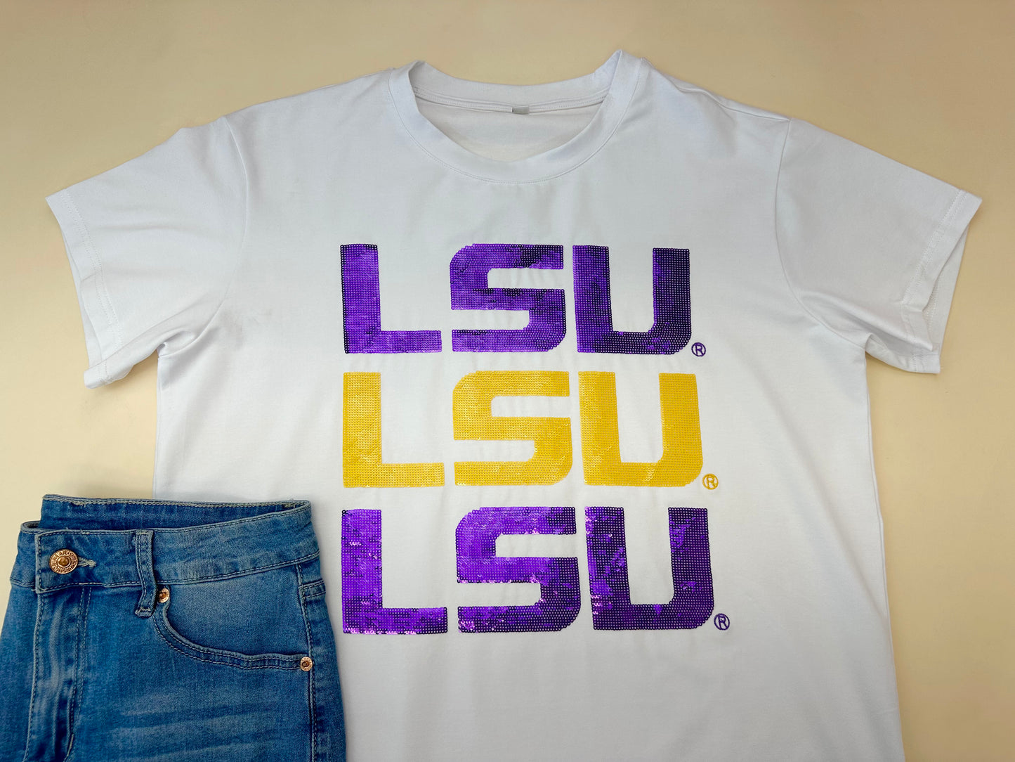 LSU Triple Block Logo (Licensed) | Women's Sequin Design Tee (White)