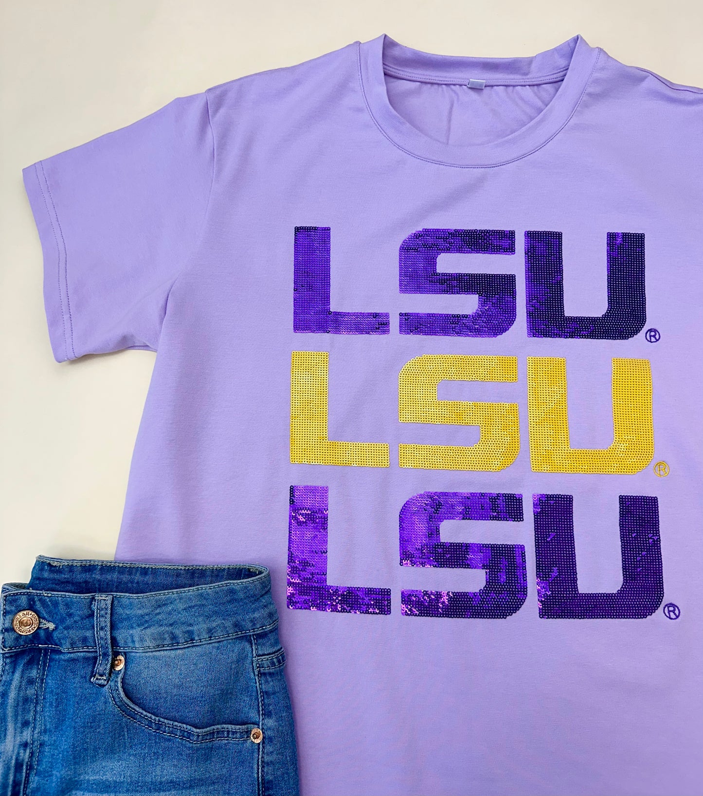 LSU Triple Block Logo (Licensed) | Women's Sequin Design Tee (Lavender)