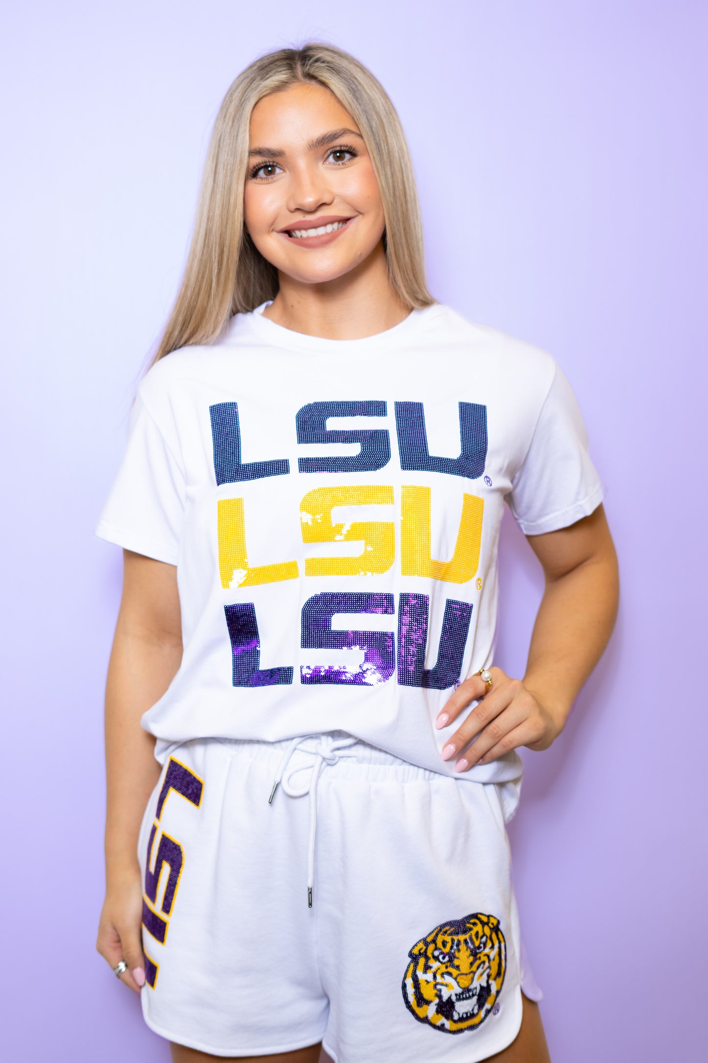 LSU Triple Block Logo (Licensed) | Women's Sequin Design Tee (White)