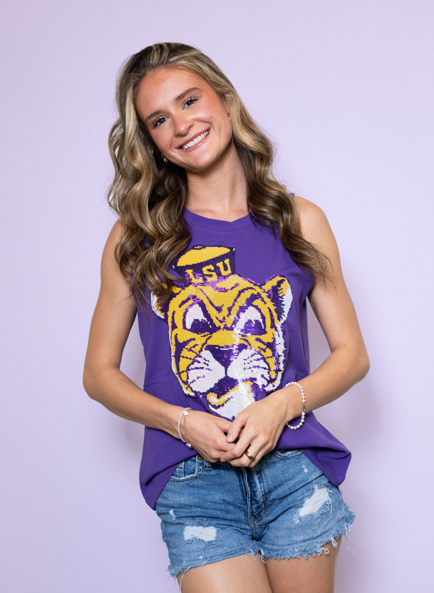 LSU Vintage Tiger (Licensed) | Women's Sequin Design Tank (Purple)