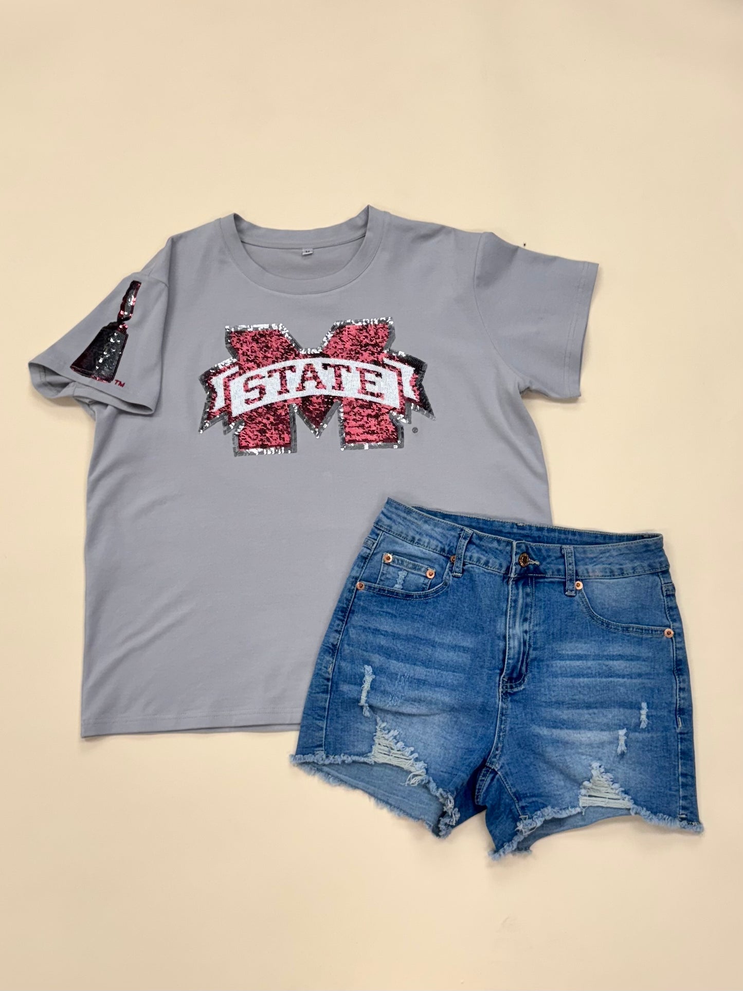 Mississippi State Logo with Cowbell (LICENSED) | Women's Sequin Design Tee (Grey)