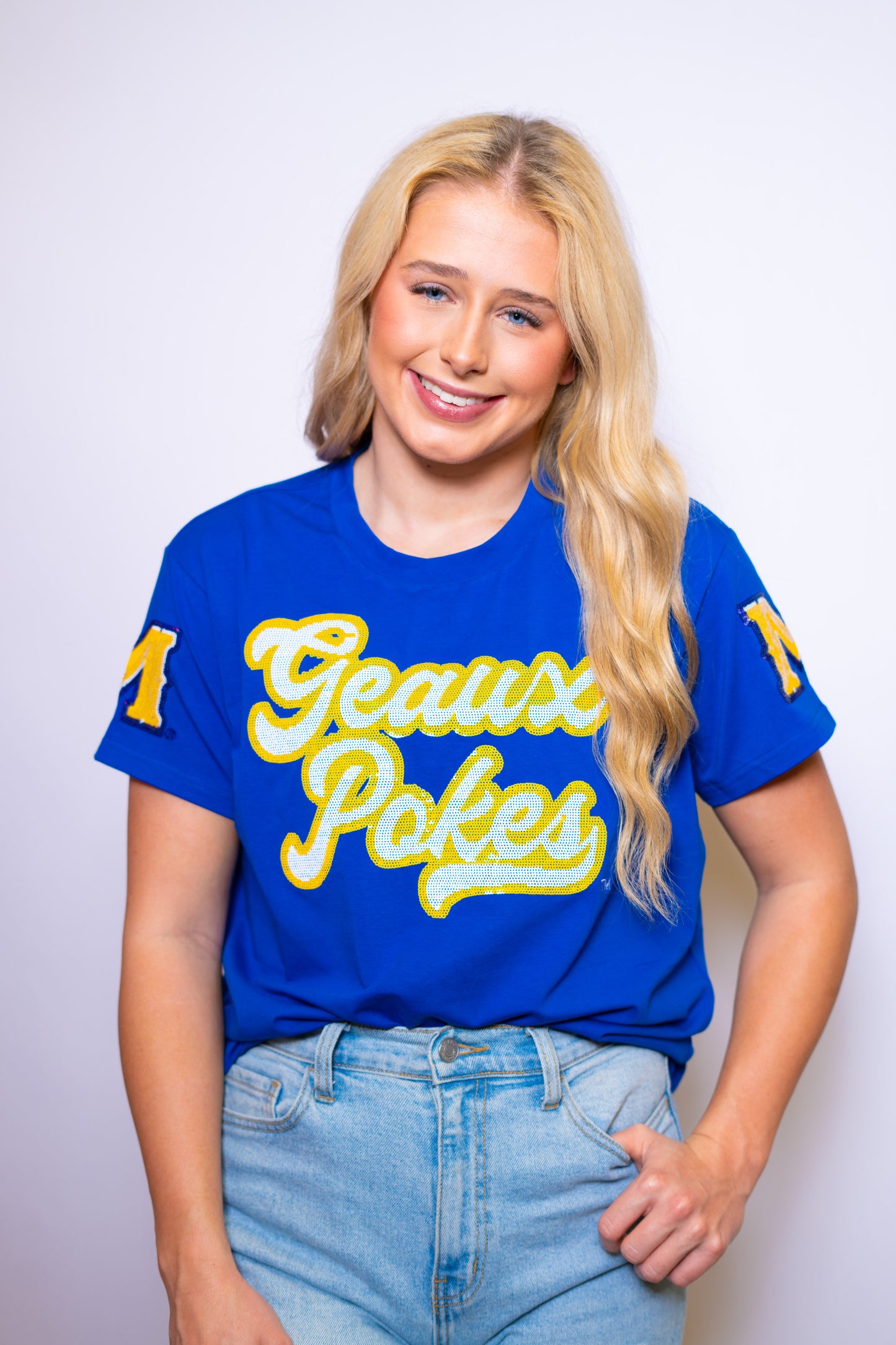 McNeese State University Geaux Pokes (LICENSED) | Women's Sequin Design Tee (Blue)