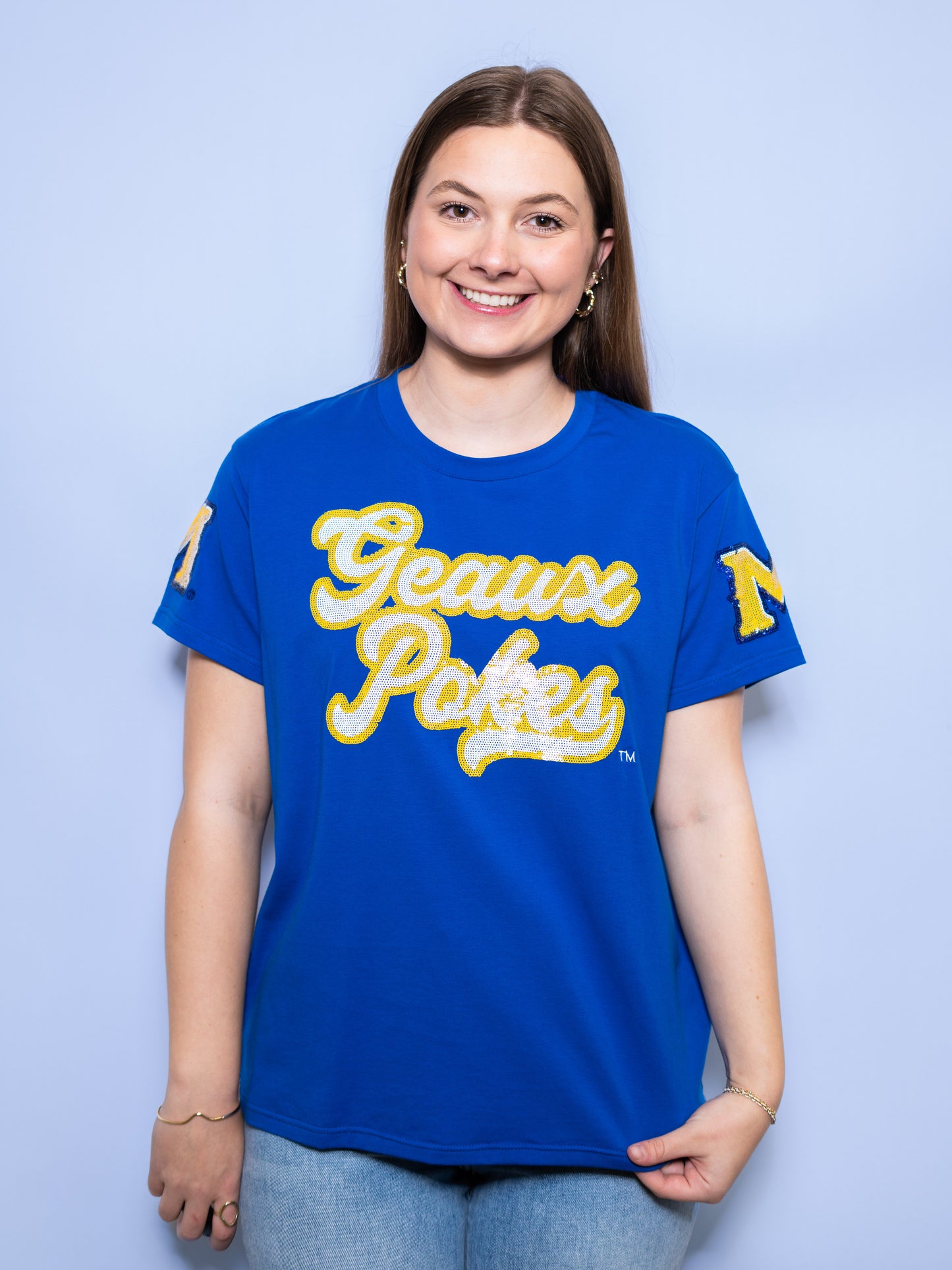 McNeese State University Geaux Pokes (LICENSED) | Women's Sequin Design Tee (Blue)