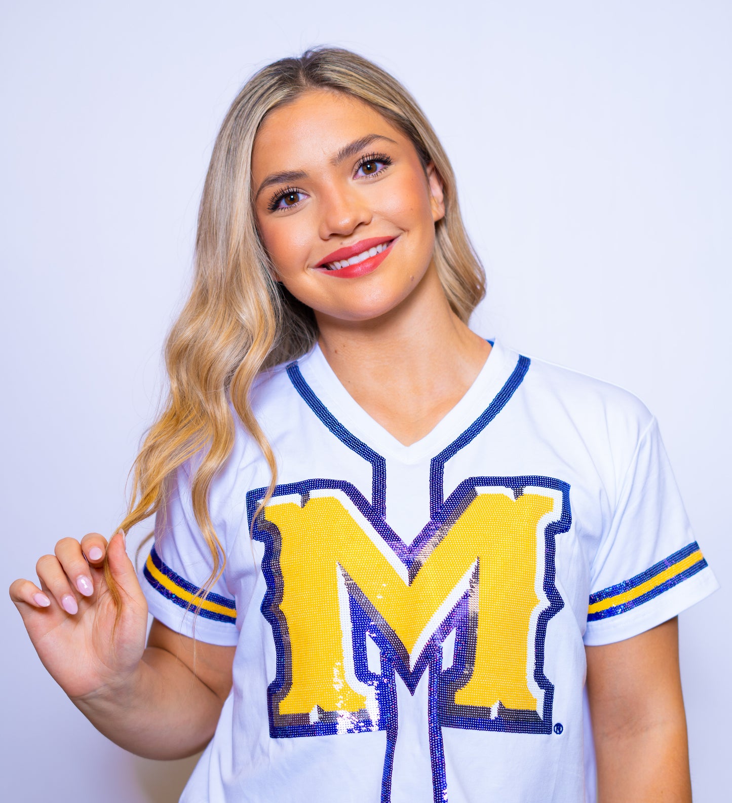 McNeese Geaux Pokes (Licensed) | Women's Sequin Design Baseball Jersey Tee (White)
