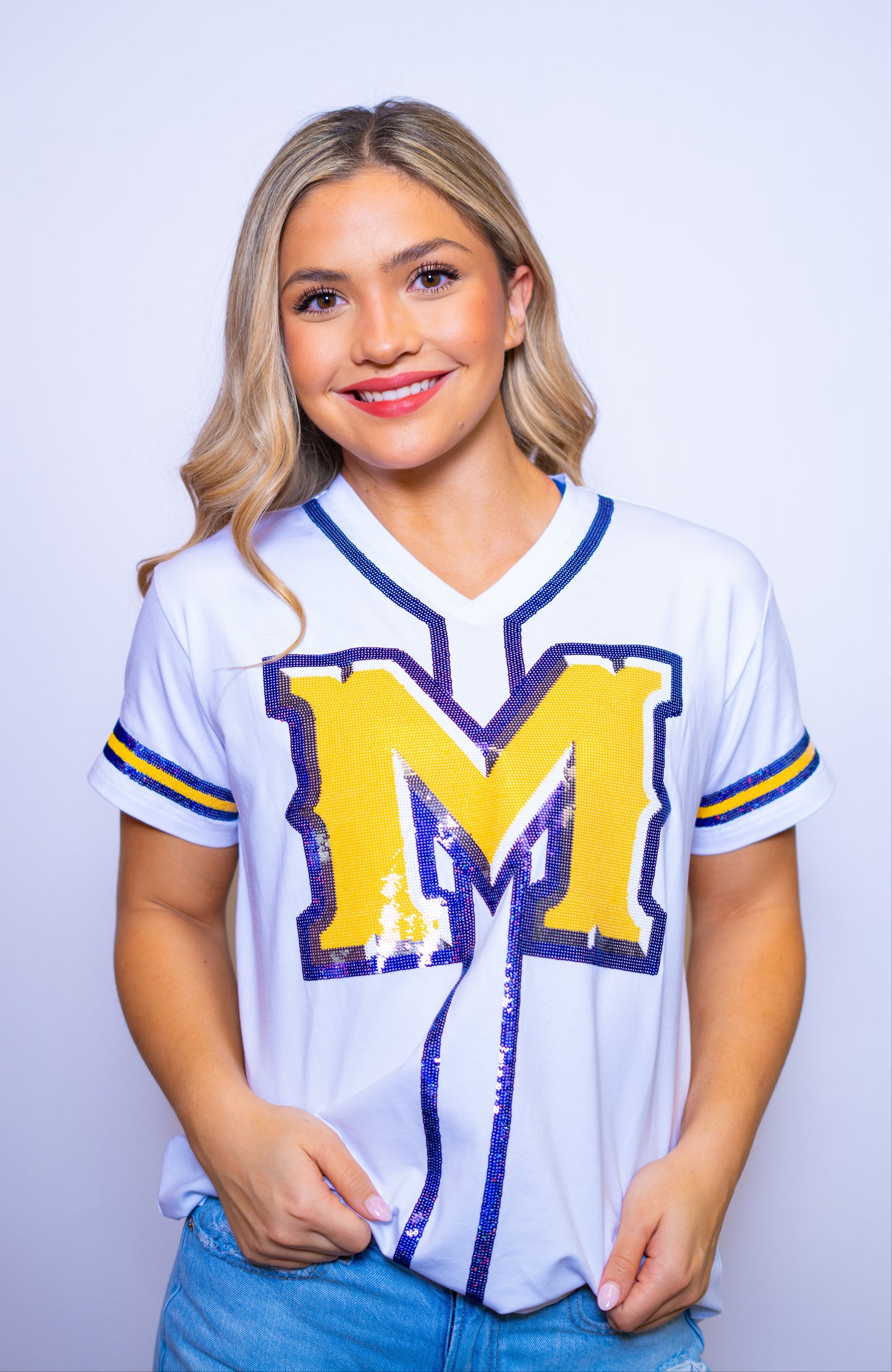 McNeese Geaux Pokes (Licensed) | Women's Sequin Design Baseball Jersey Tee (White)