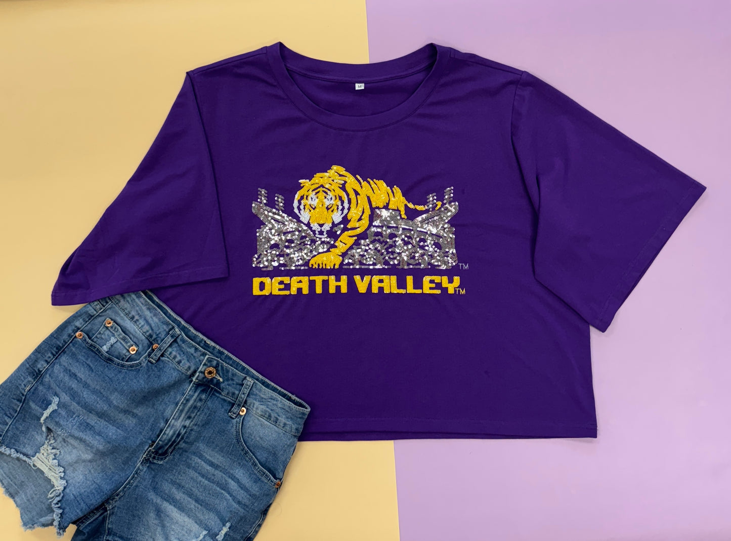 WHOLESALE | Mike Over Tiger Stadium LSU (LICENSED) | Women's Oversized Sequin Design (Purple)
