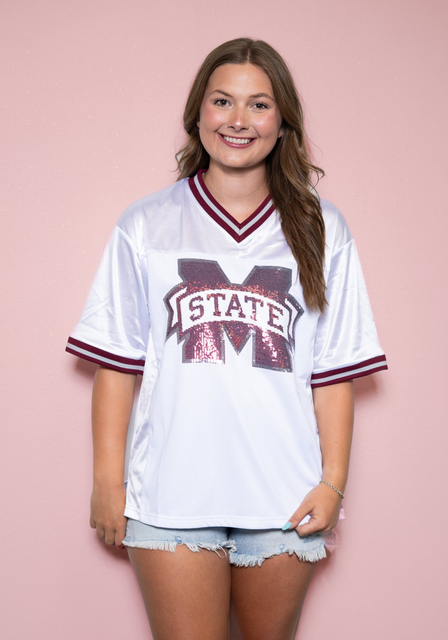 **PRE-ORDER ONLY** Mississippi State (Licensed) | Women's Sequin Design Football Jersey (White)