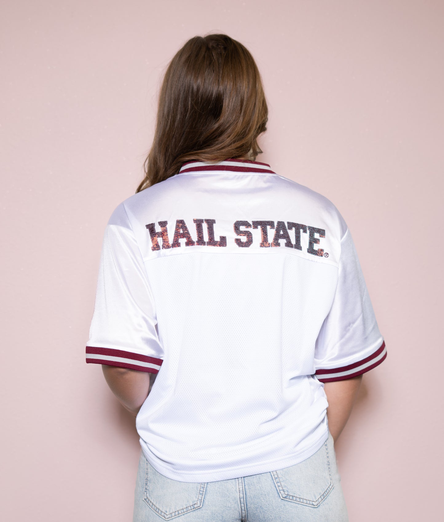 **PRE-ORDER ONLY** Mississippi State (Licensed) | Women's Sequin Design Football Jersey (White)