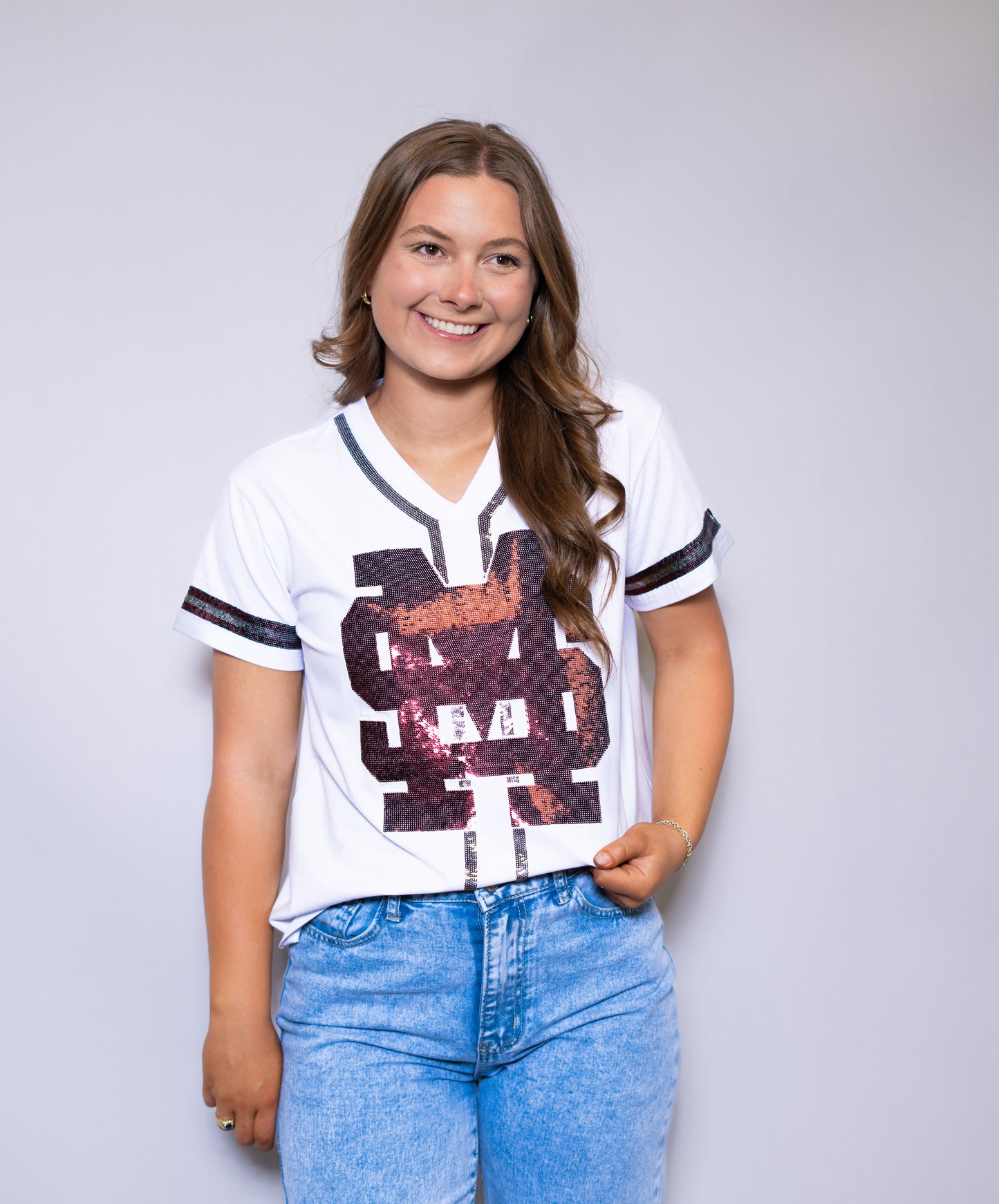 Mississippi State (LICENSED) | Women's Sequin Design Baseball Jersey V-Neck Tee (White)