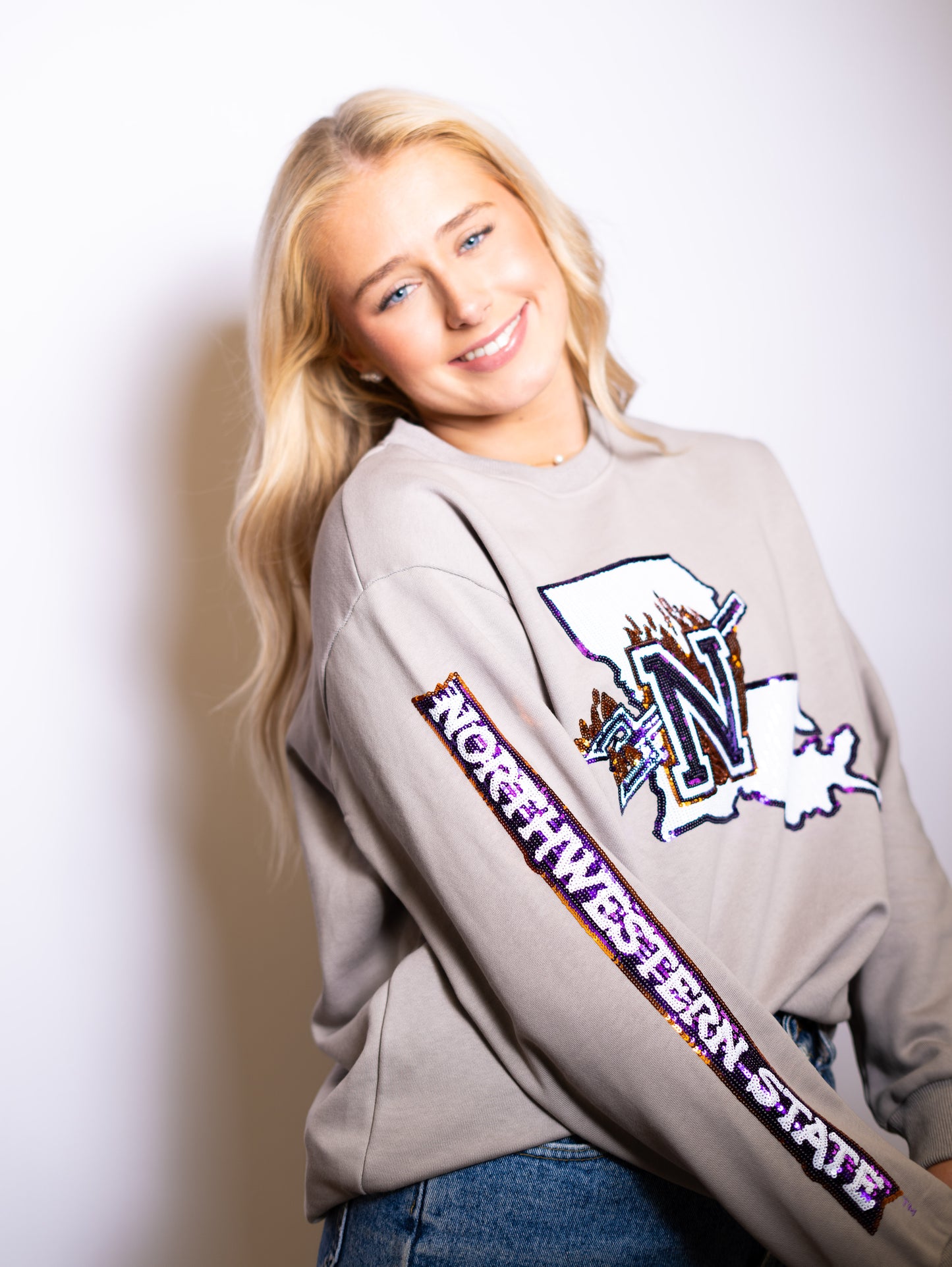 Northwestern State University (Licensed) | Women's Sequin Design Sweatshirt (Grey)