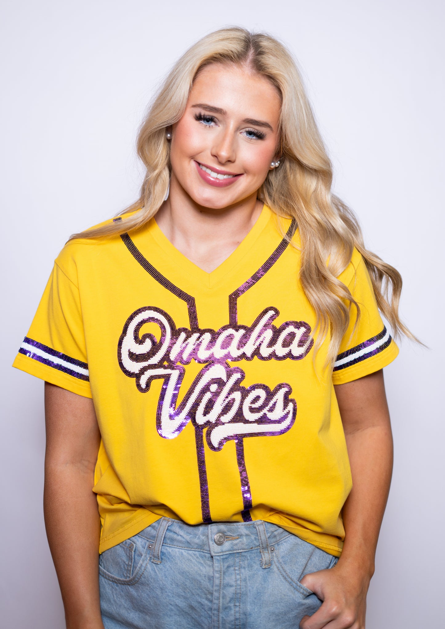 Wholesale | Omaha Vibes | Women's Baseball Jersey V-Neck (Yellow)