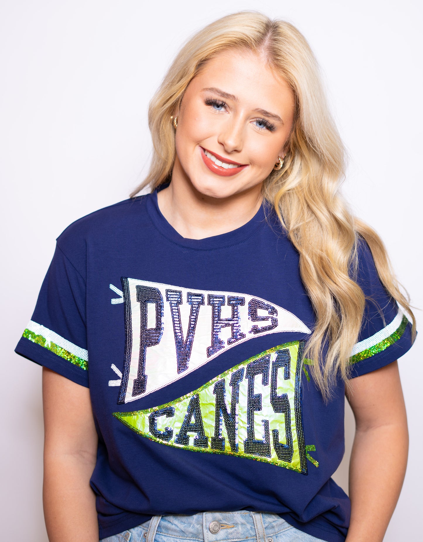 PVHS Canes Pennant | Women's Sequin Design Tee (Navy)