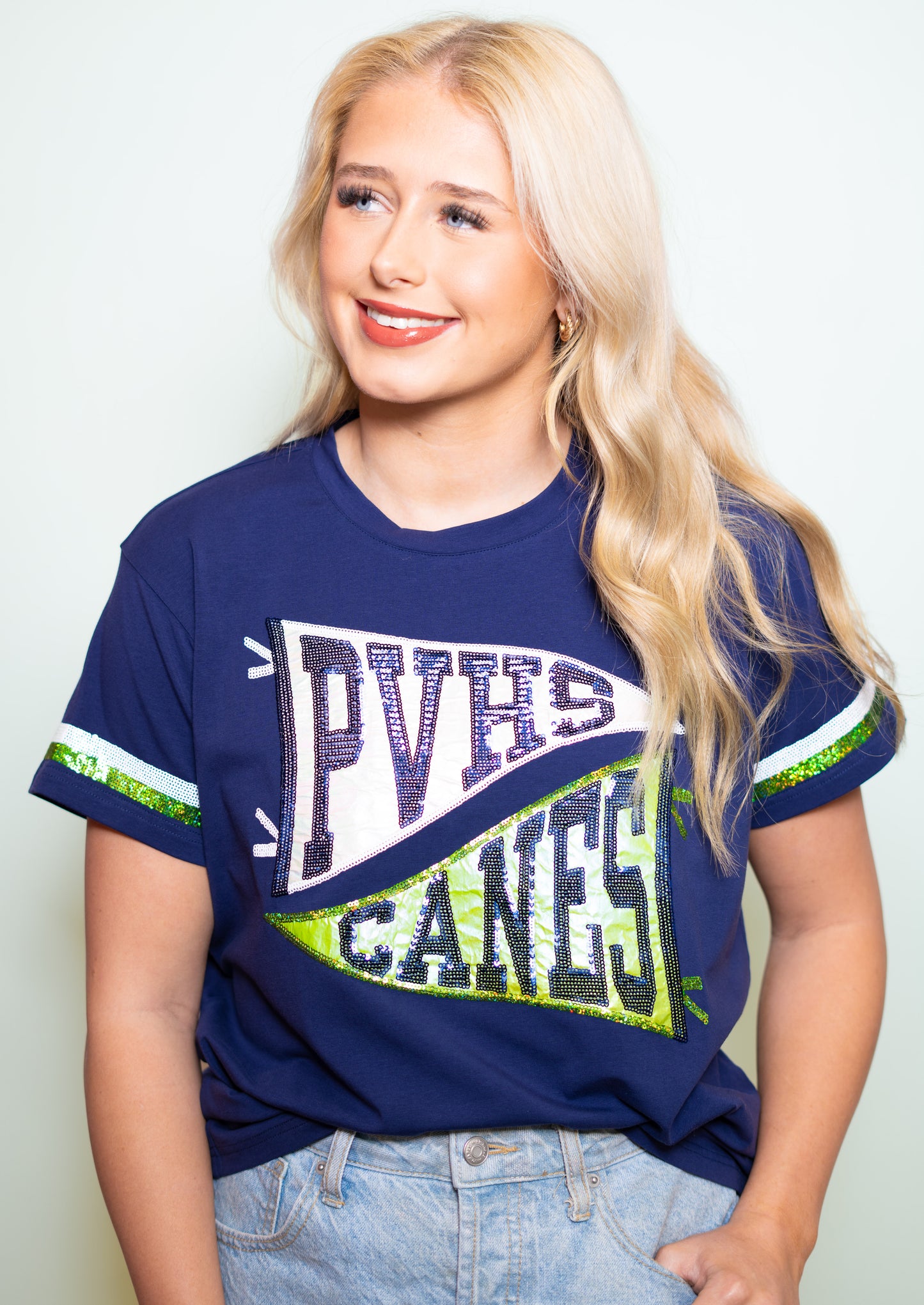 PVHS Canes Pennant | Women's Sequin Design Tee (Navy)