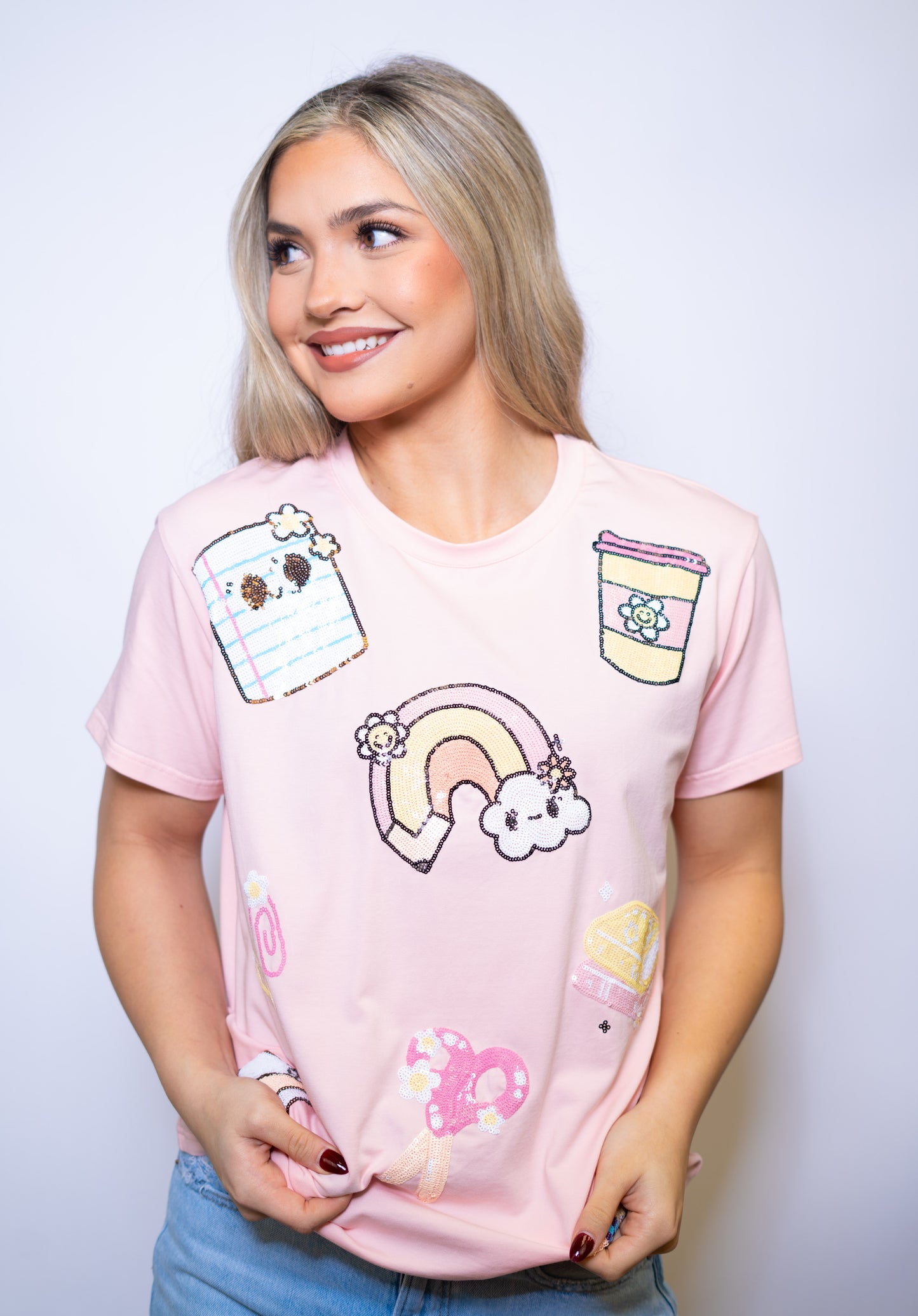 Wholesale | Pastel Teacher Tee | Women's Sequin Design (Light Pink)