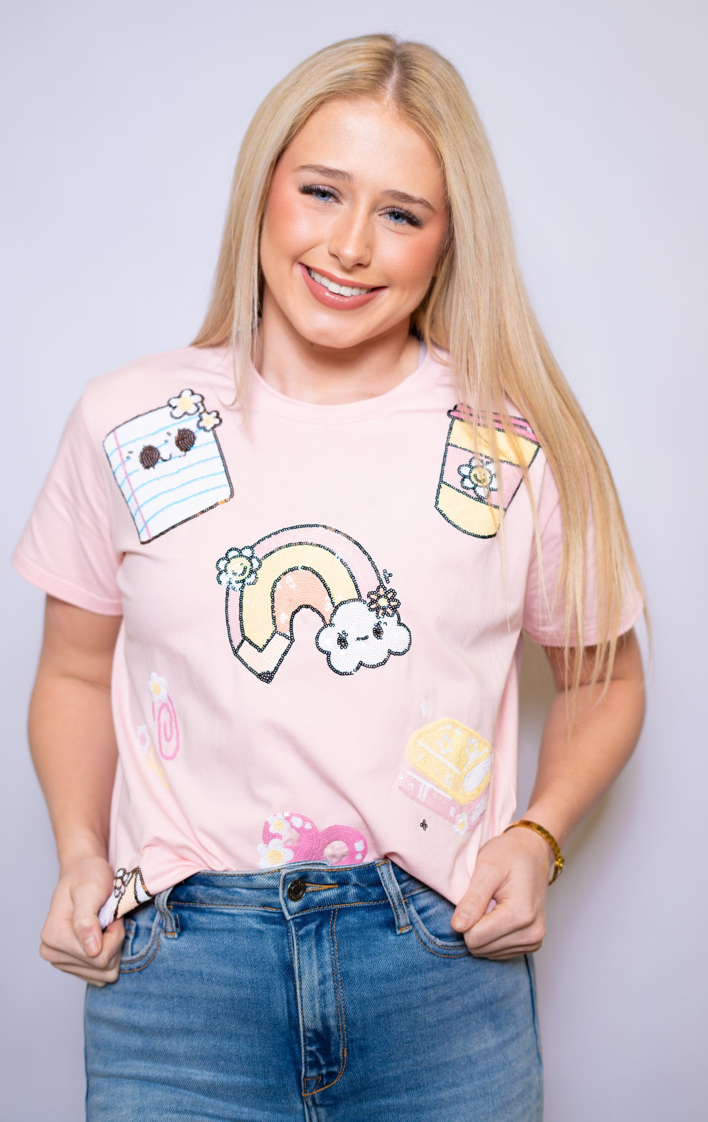 Wholesale | Pastel Teacher Tee | Women's Sequin Design (Light Pink)