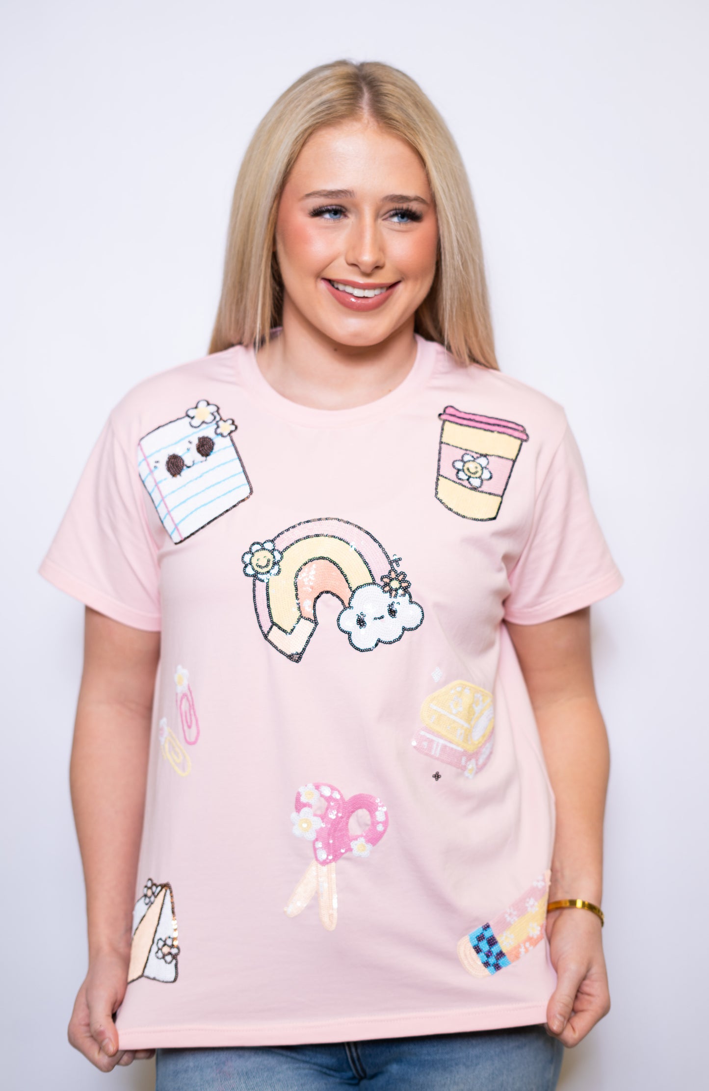 Wholesale | Pastel Teacher Tee | Women's Sequin Design (Light Pink)