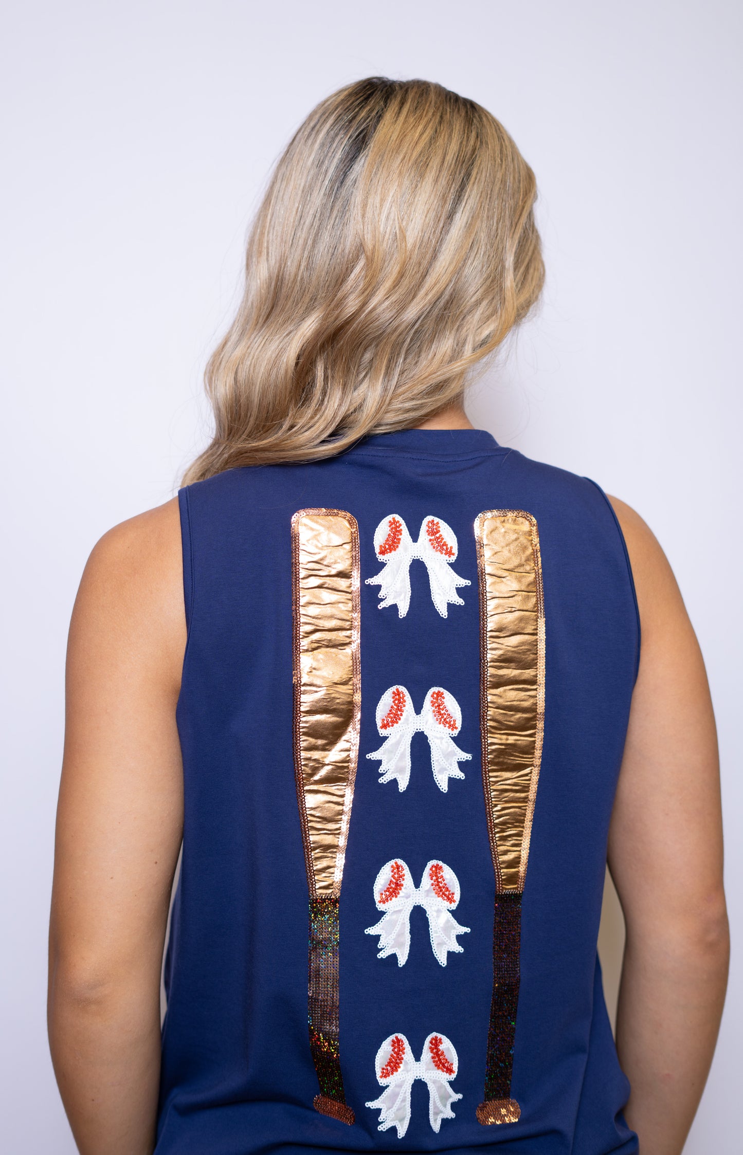 Play Ball with Bows and Bats | Women's Sequin Design Tank (Navy)