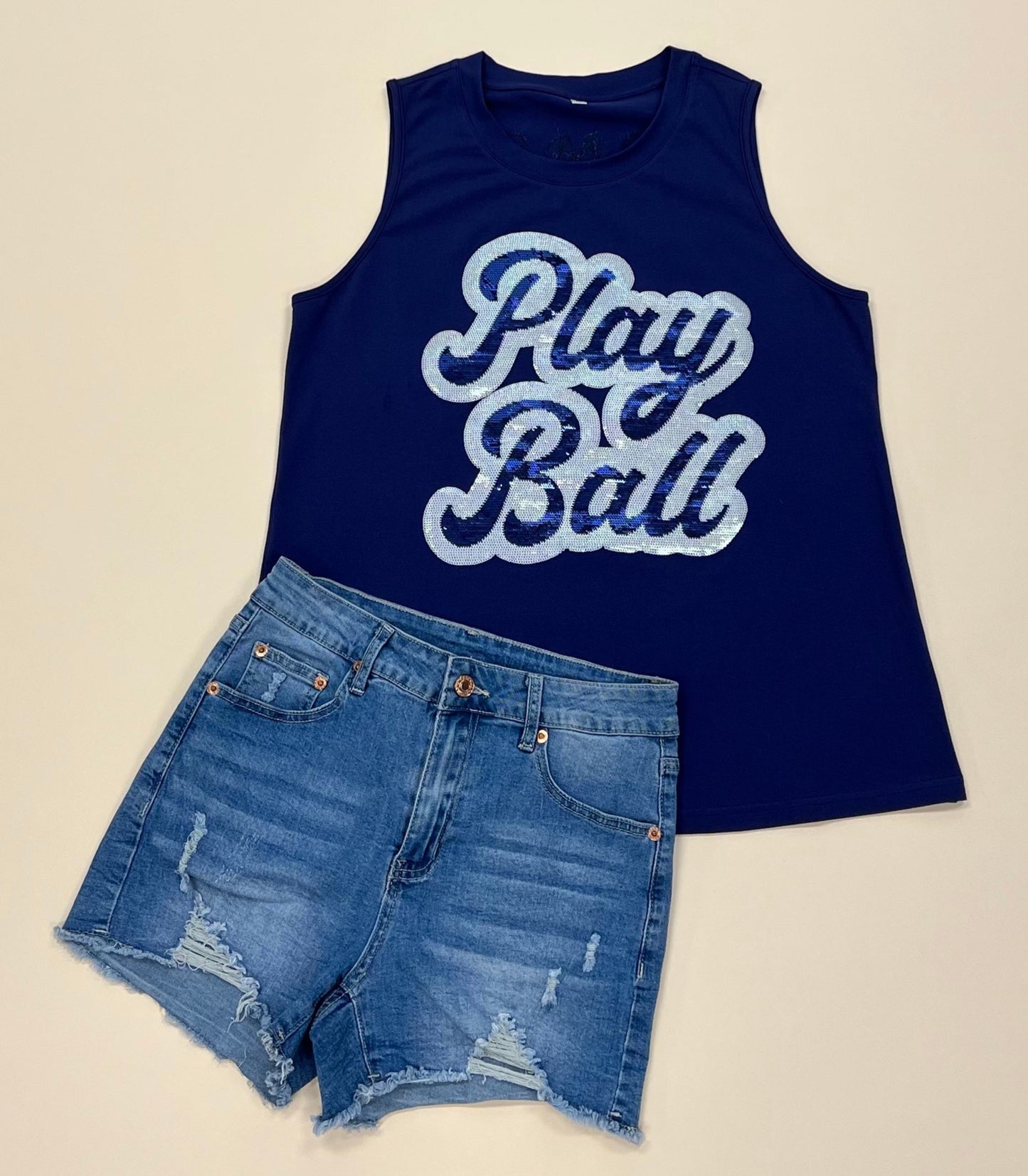 Play Ball with Bows and Bats | Women's Sequin Design Tank (Navy)