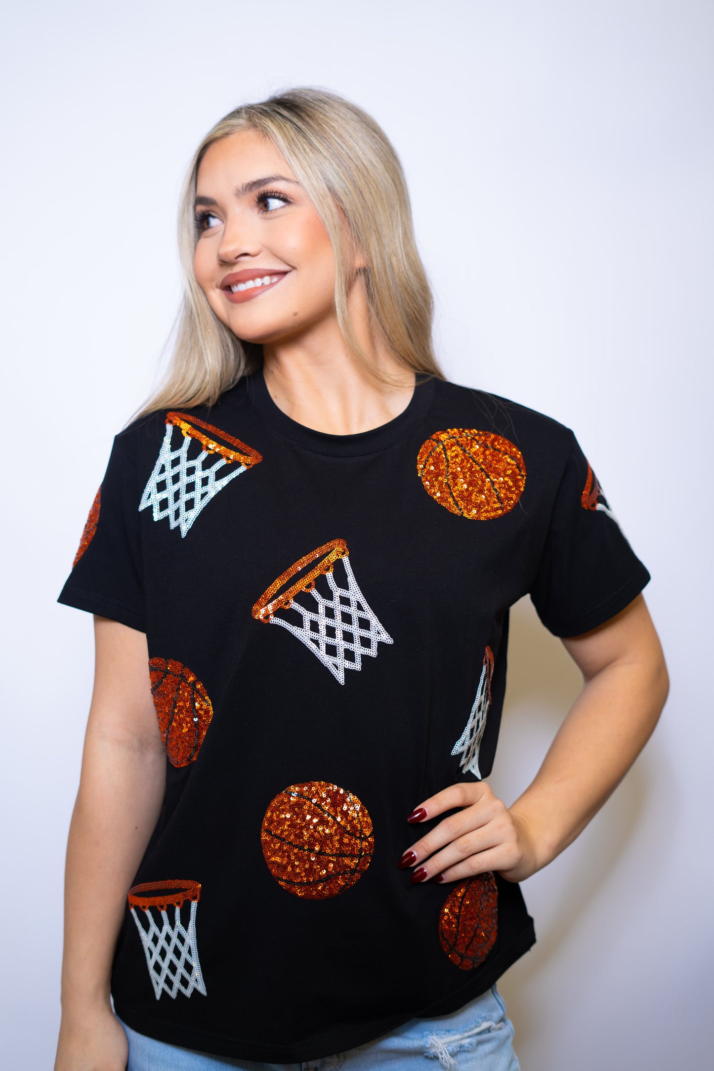 Scattered Basketball | Women's Sequin Design Tee (Black)