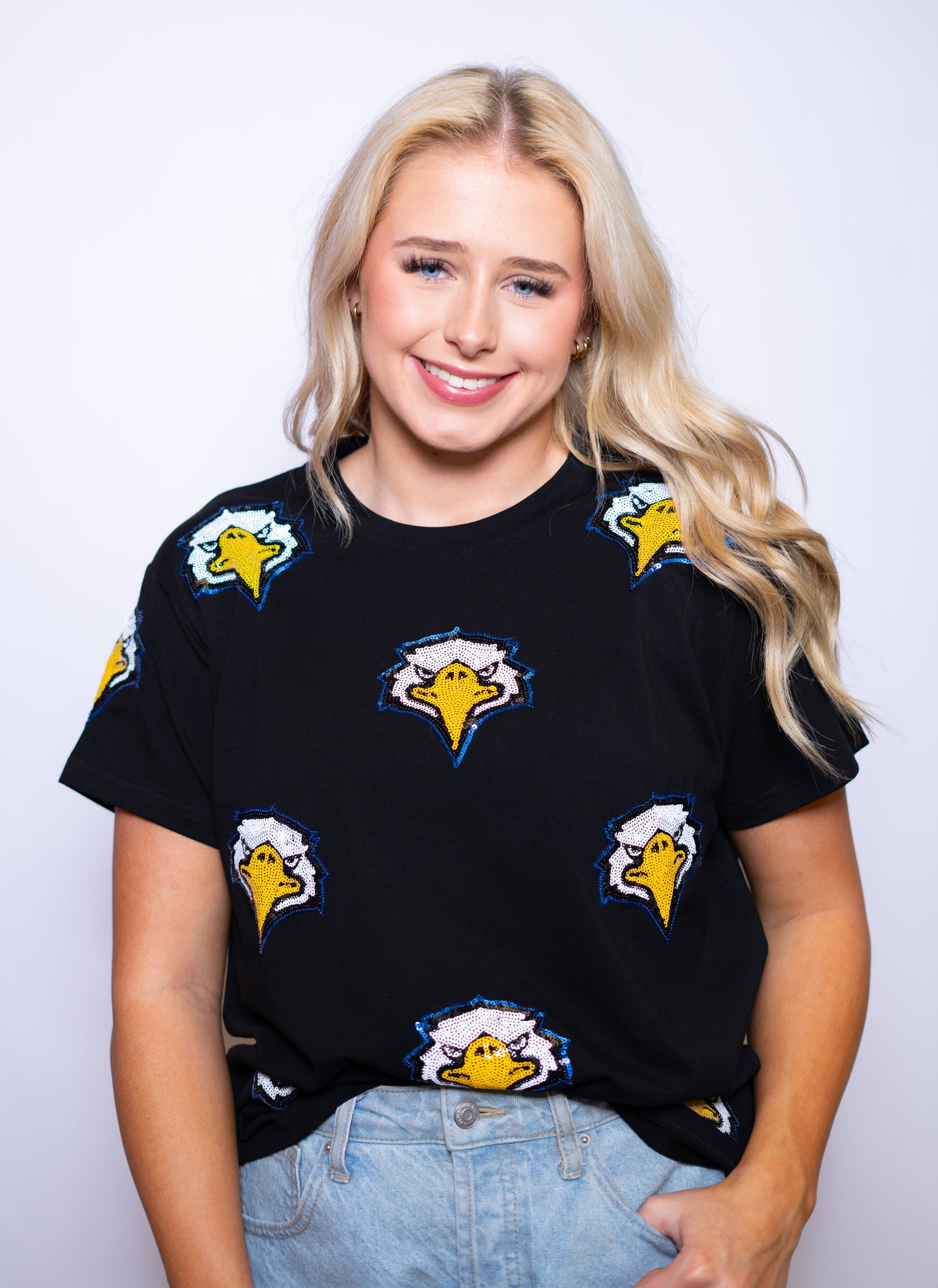 Scattered Live Oak Eagles | Women's Sequin Design Tee (Black)